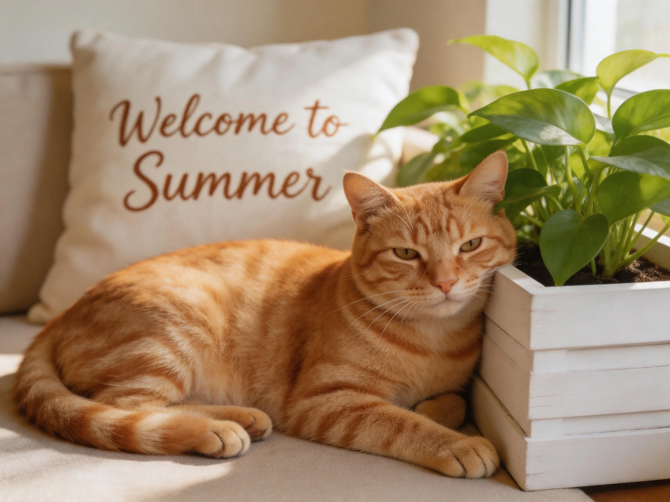 An orange tabby cat relaxes near a potted plant and summer-themed pillow.