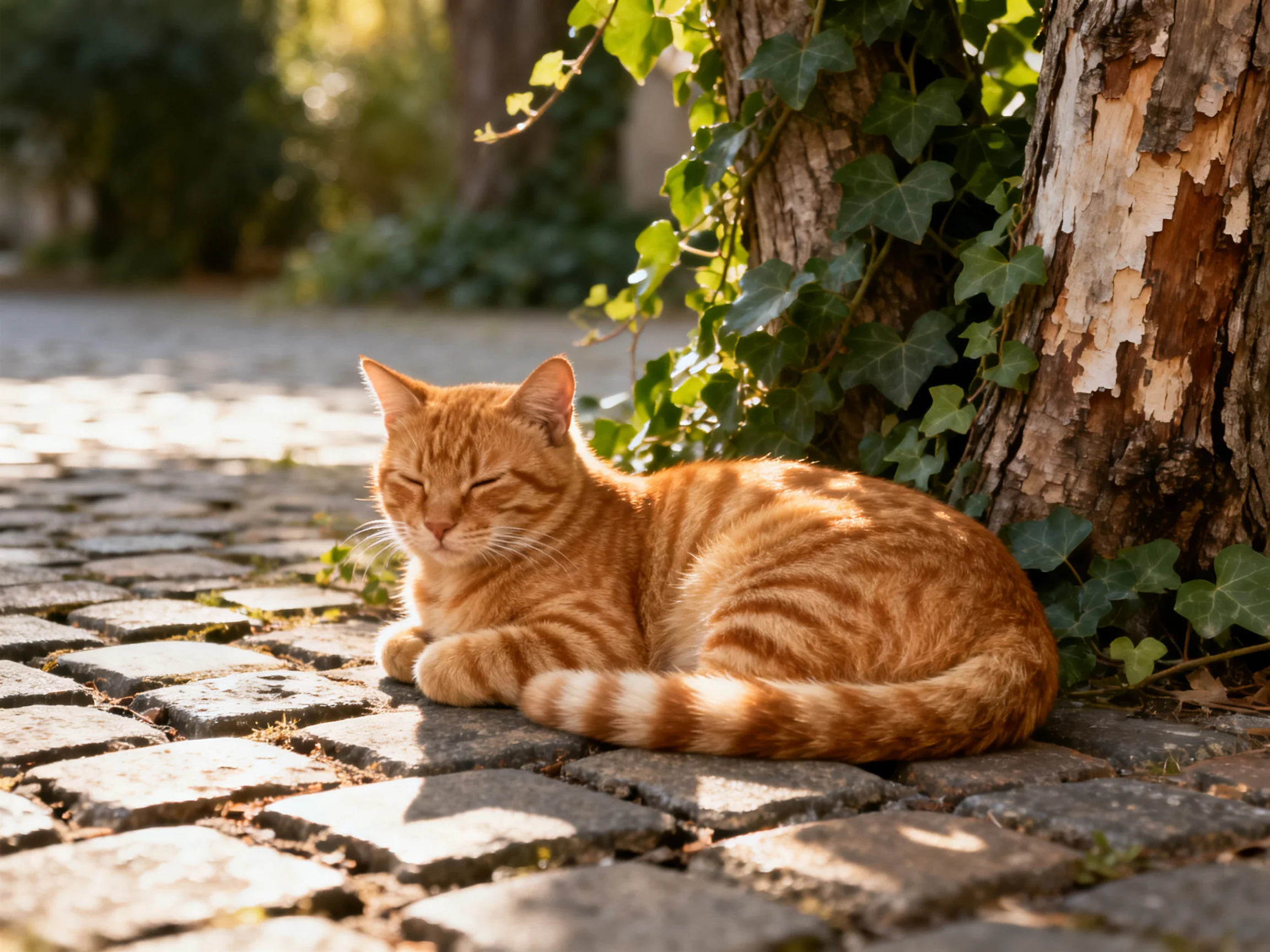An orange tabby cat relaxes near a tree trunk on a sunlit cobblestone path.