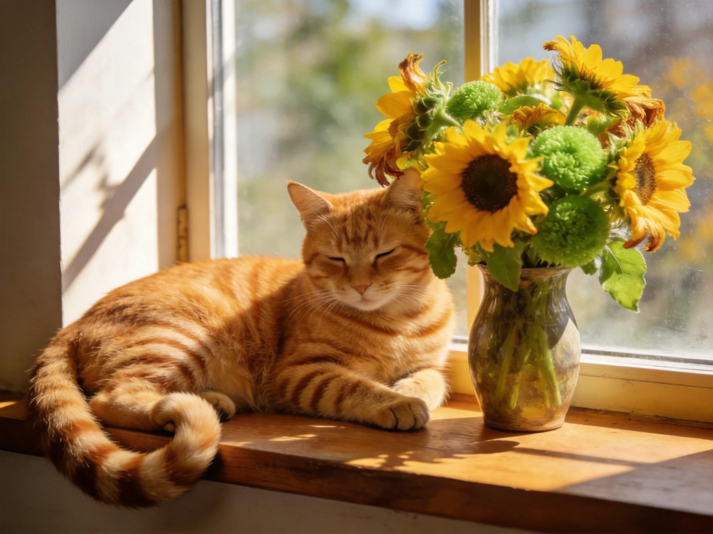 An orange tabby cat relaxes near a vase of sunflowers on a sunny windowsill