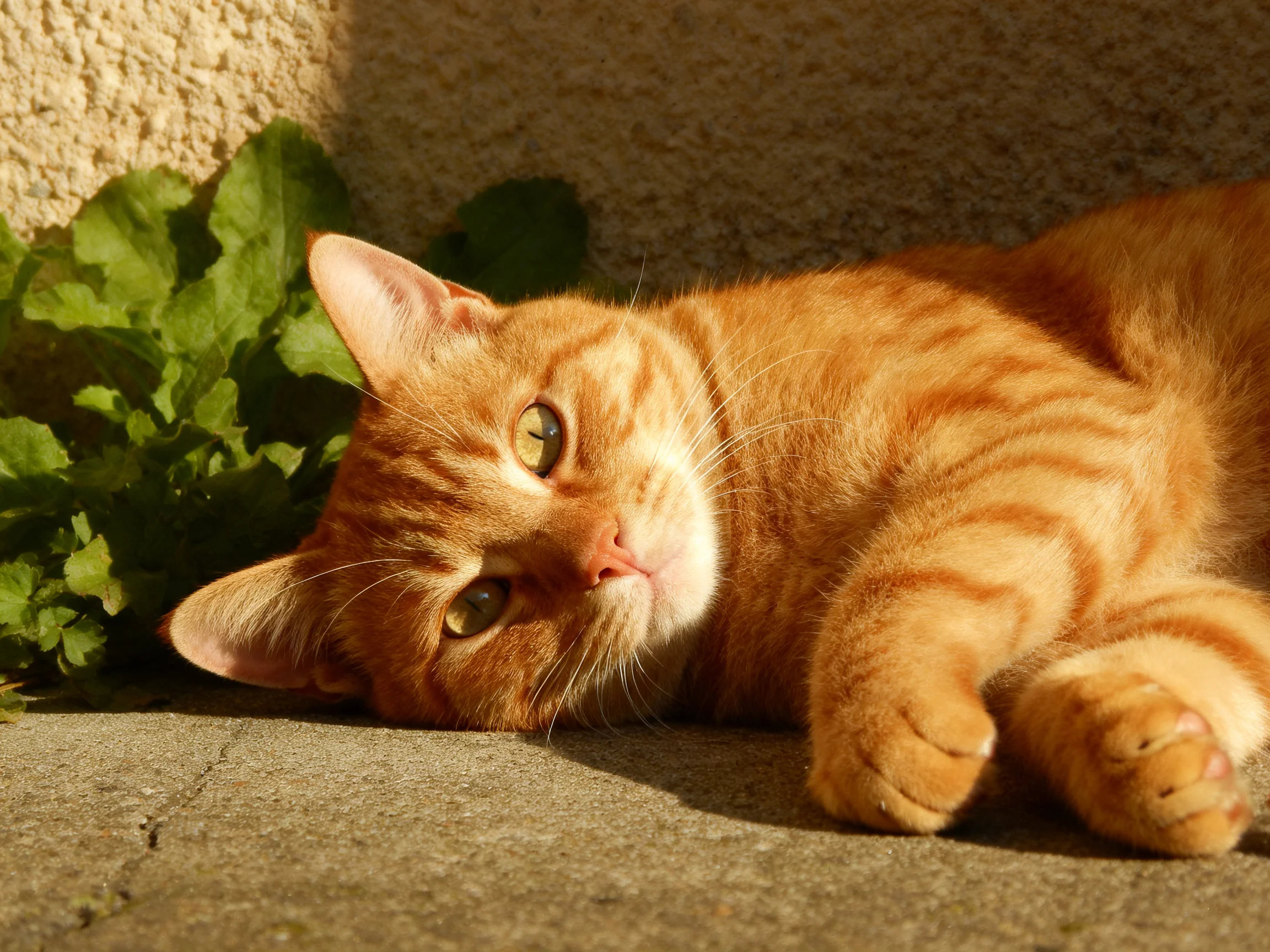 An orange tabby cat relaxes near greenery in bright sunlight