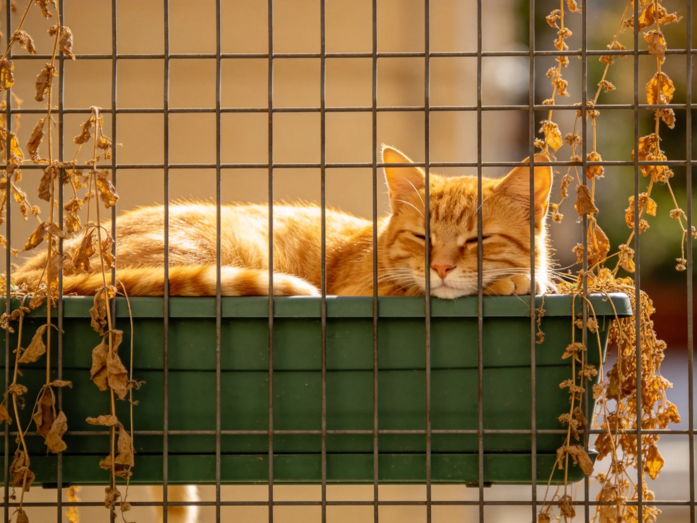 An orange tabby cat relaxes in a green planter behind a wire fence.