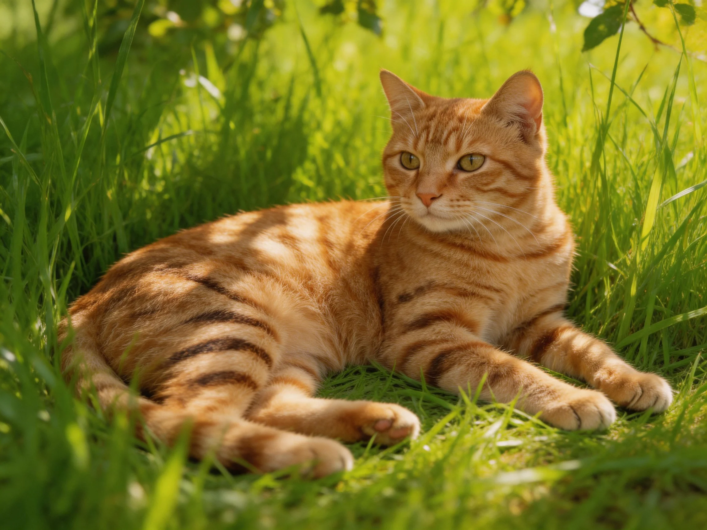 An orange tabby cat relaxes in sunlit tall green grass
