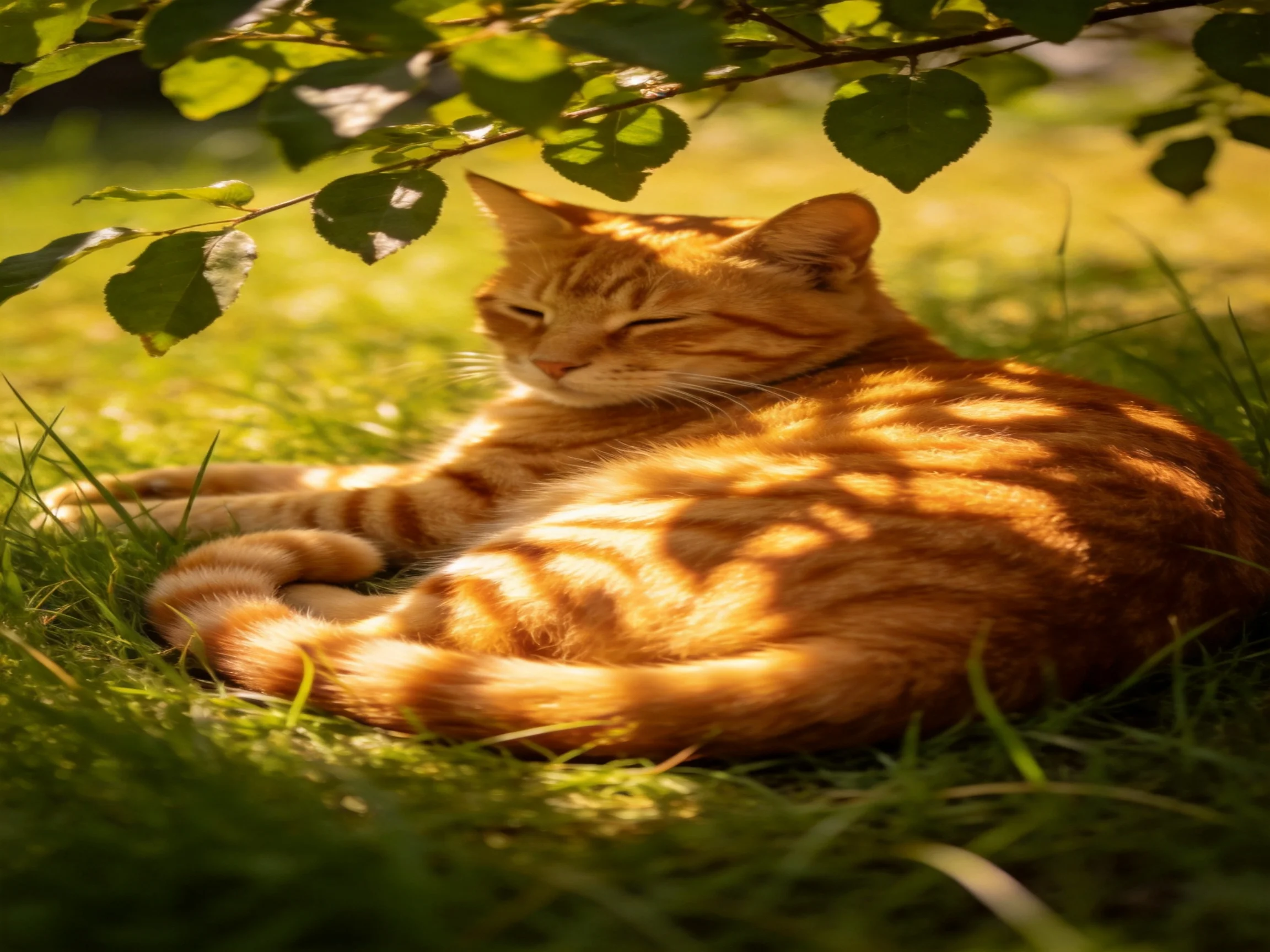 An orange tabby cat rests in sun-dappled grass beneath leafy branches