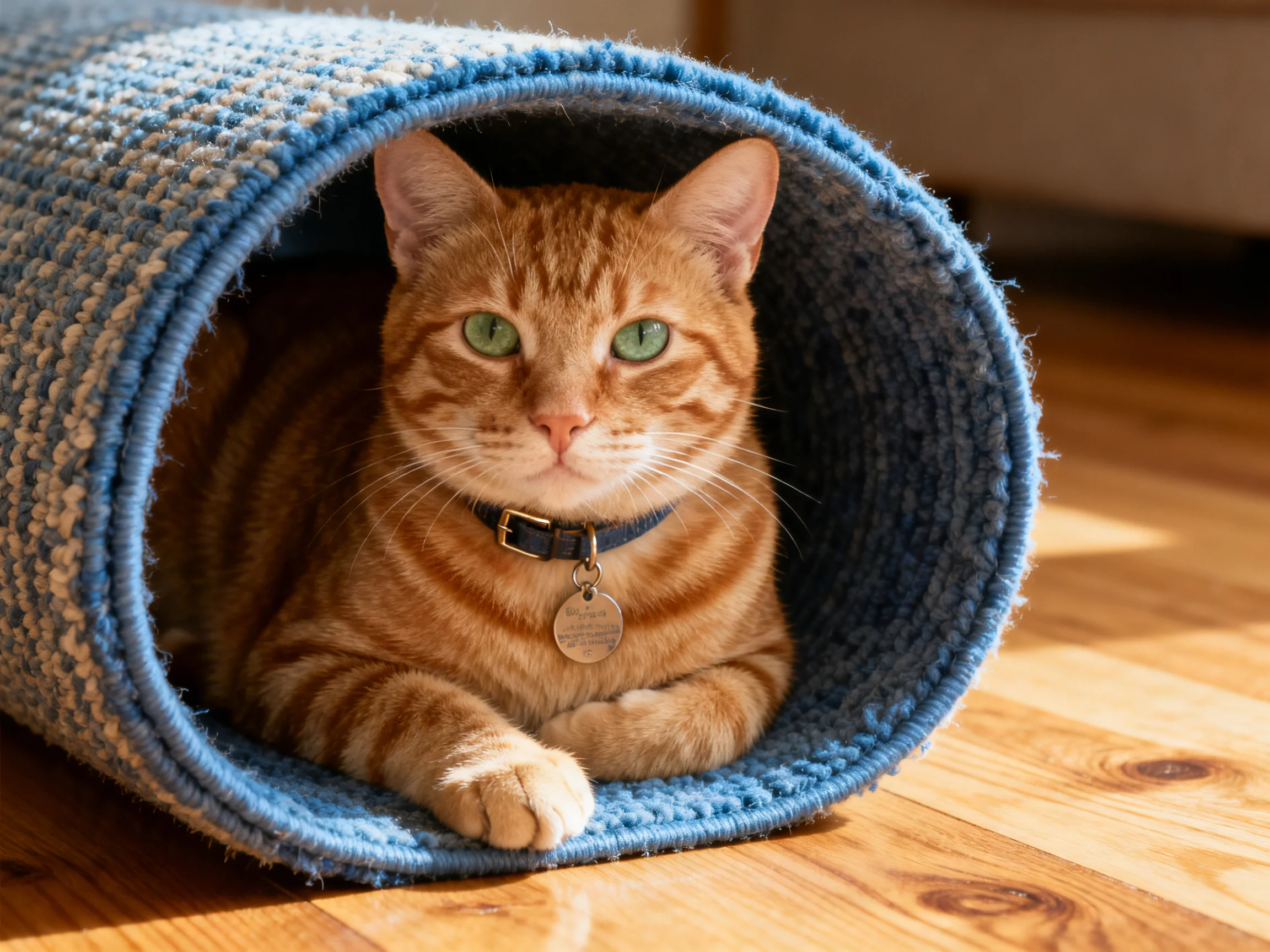 An orange tabby cat rests inside a blue knitted tunnel on wooden flooring