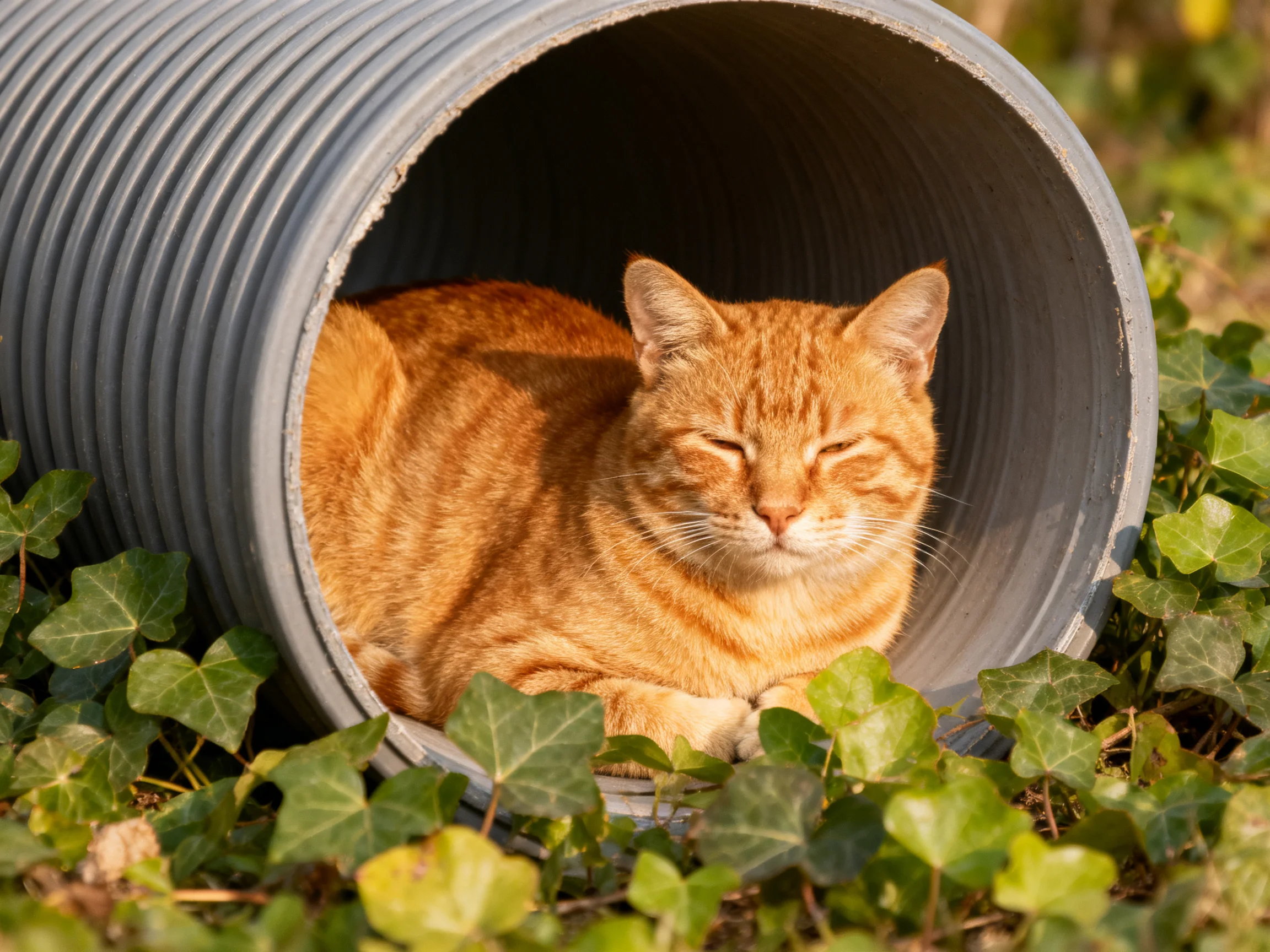 An orange tabby cat rests inside a large gray cylindrical tube among greenery