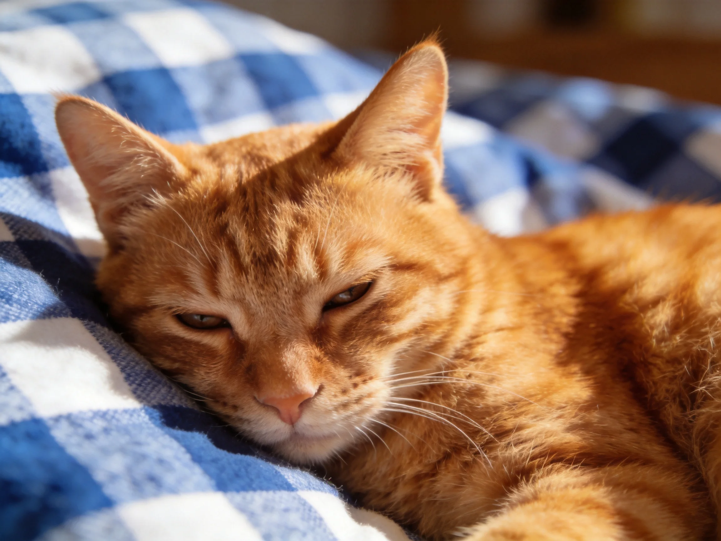 An orange tabby cat relaxes on a blue and white checkered blanket in natural light.