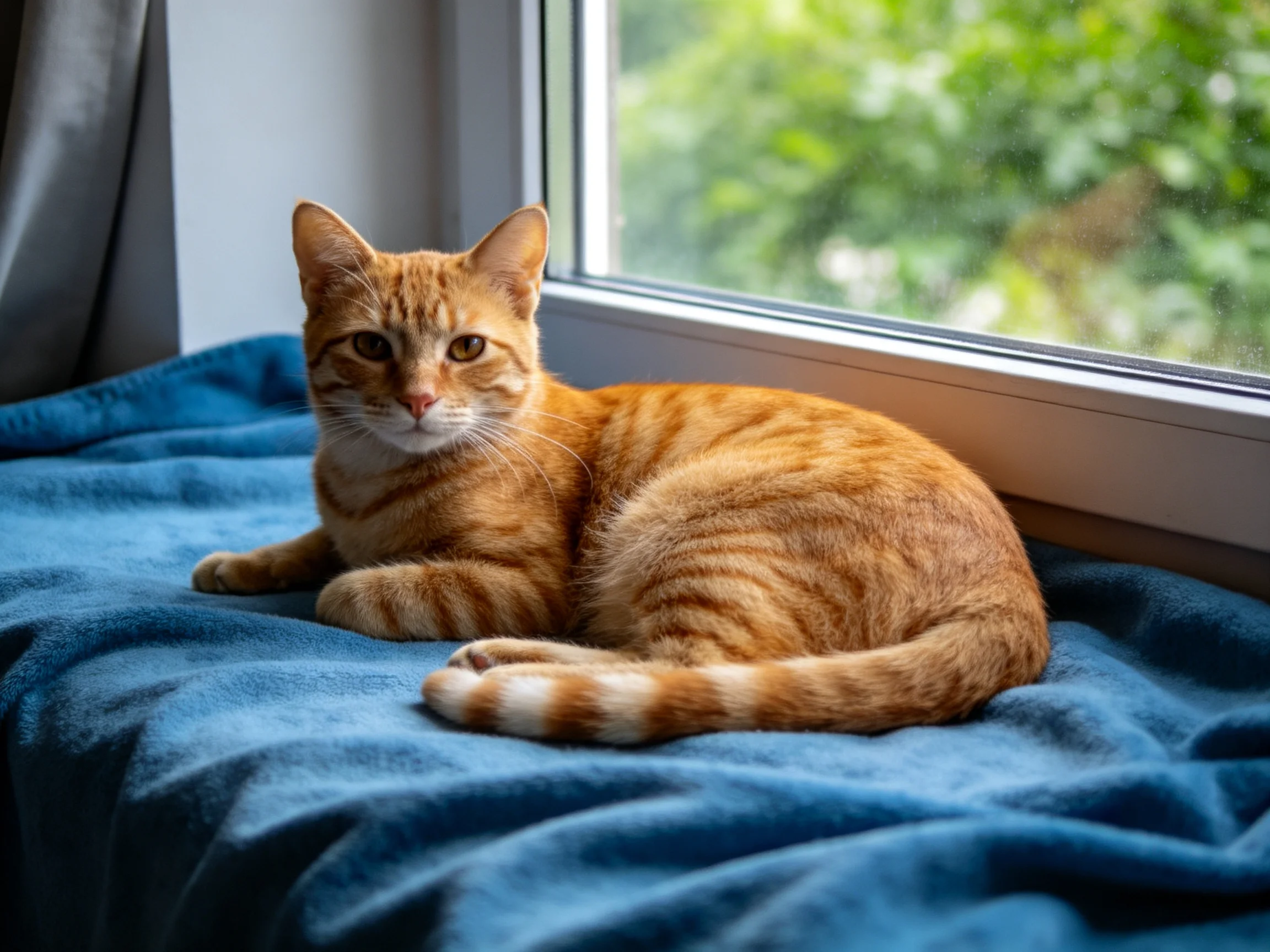 An orange tabby cat relaxes on a blue blanket near a sunlit window.