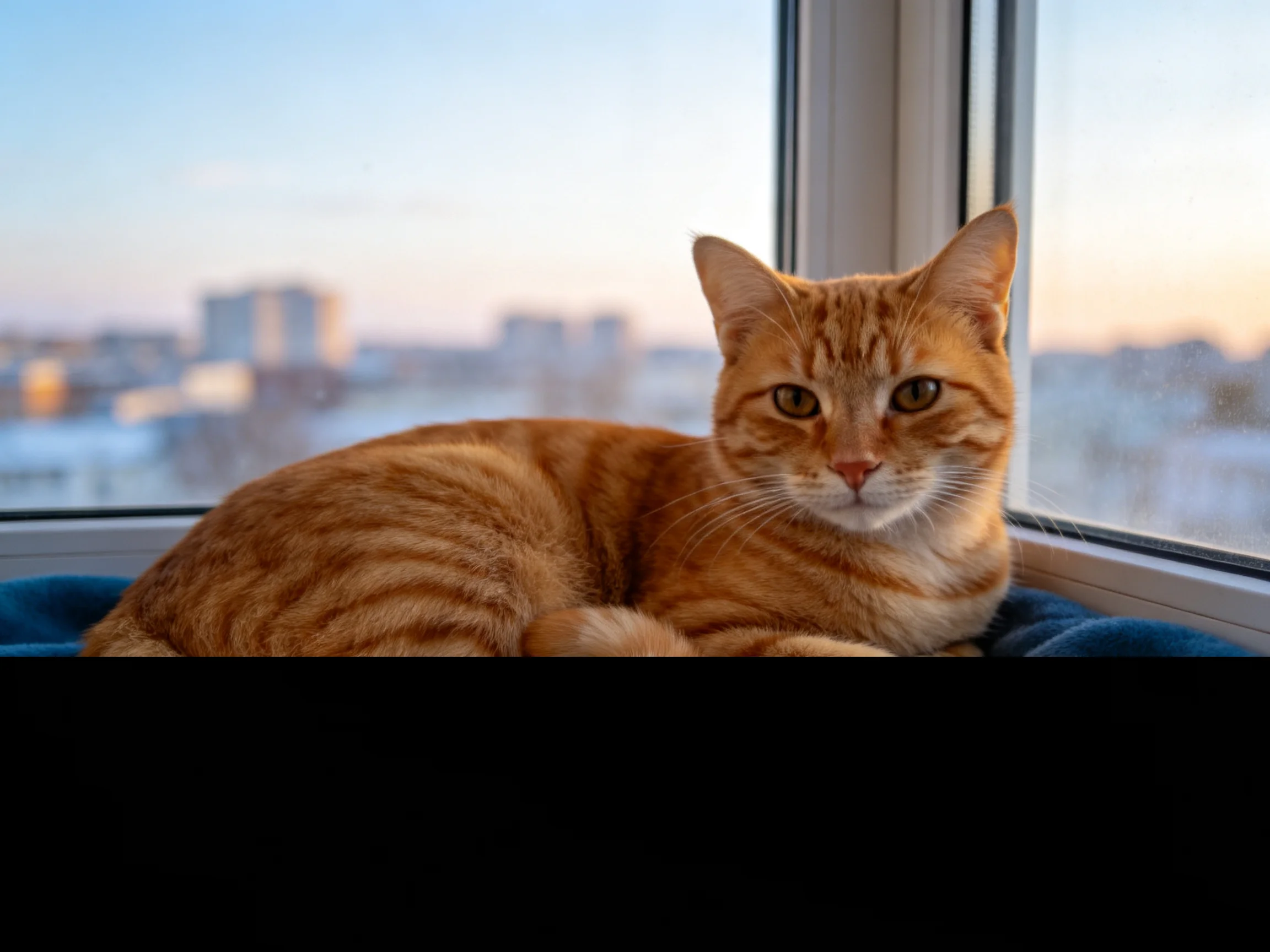 An orange tabby cat relaxes near a window with a cityscape backdrop.