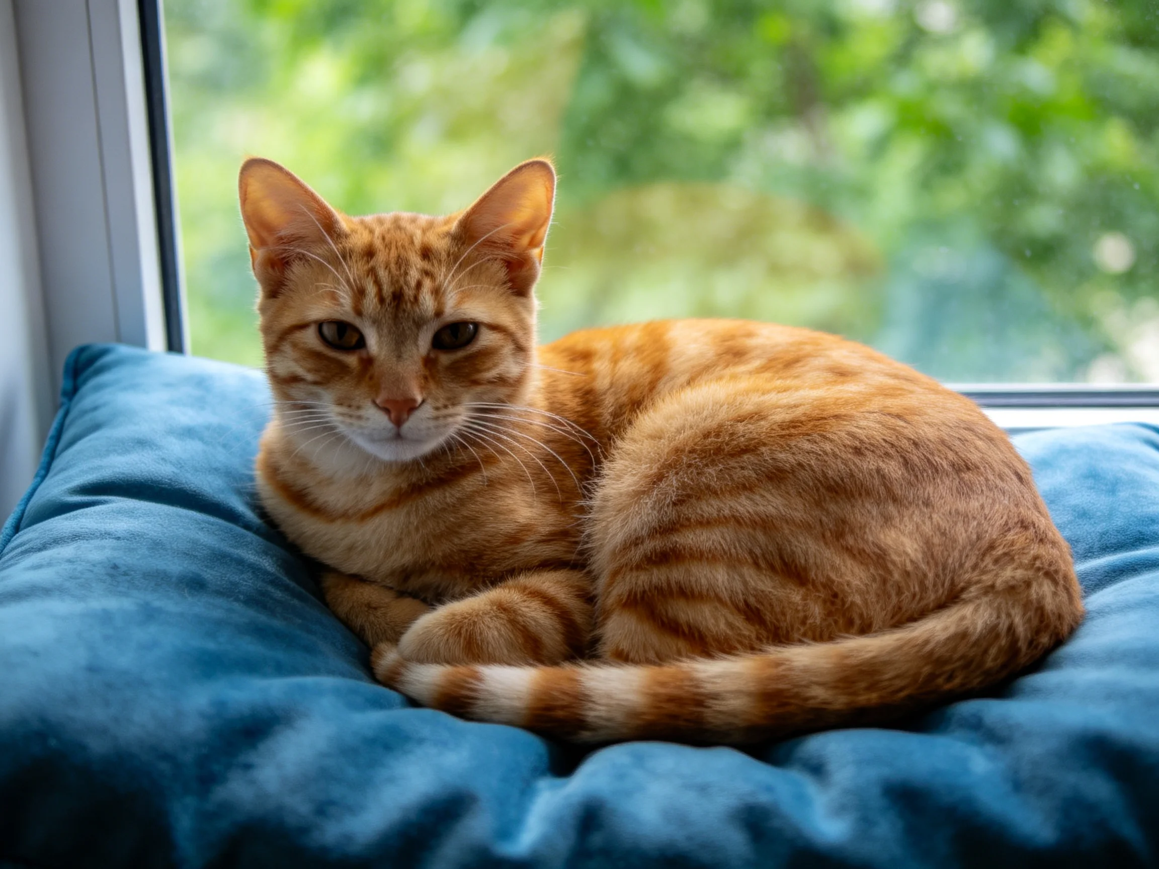A single orange tabby cat relaxes on a blue cushion by a sunlit window.