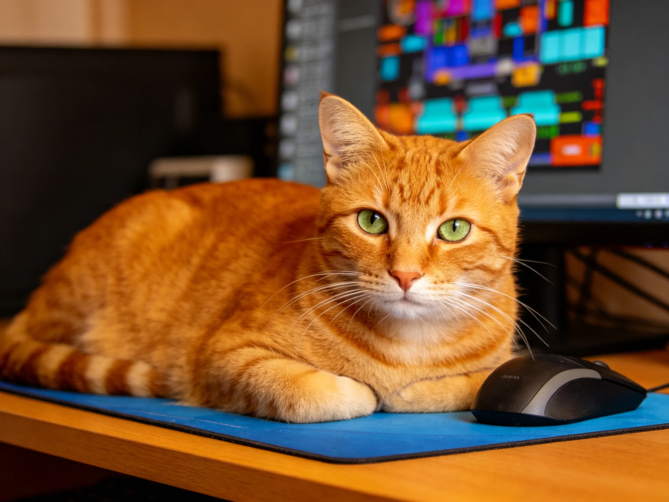 An orange tabby cat lies on a blue mouse pad next to a computer with vibrant display.