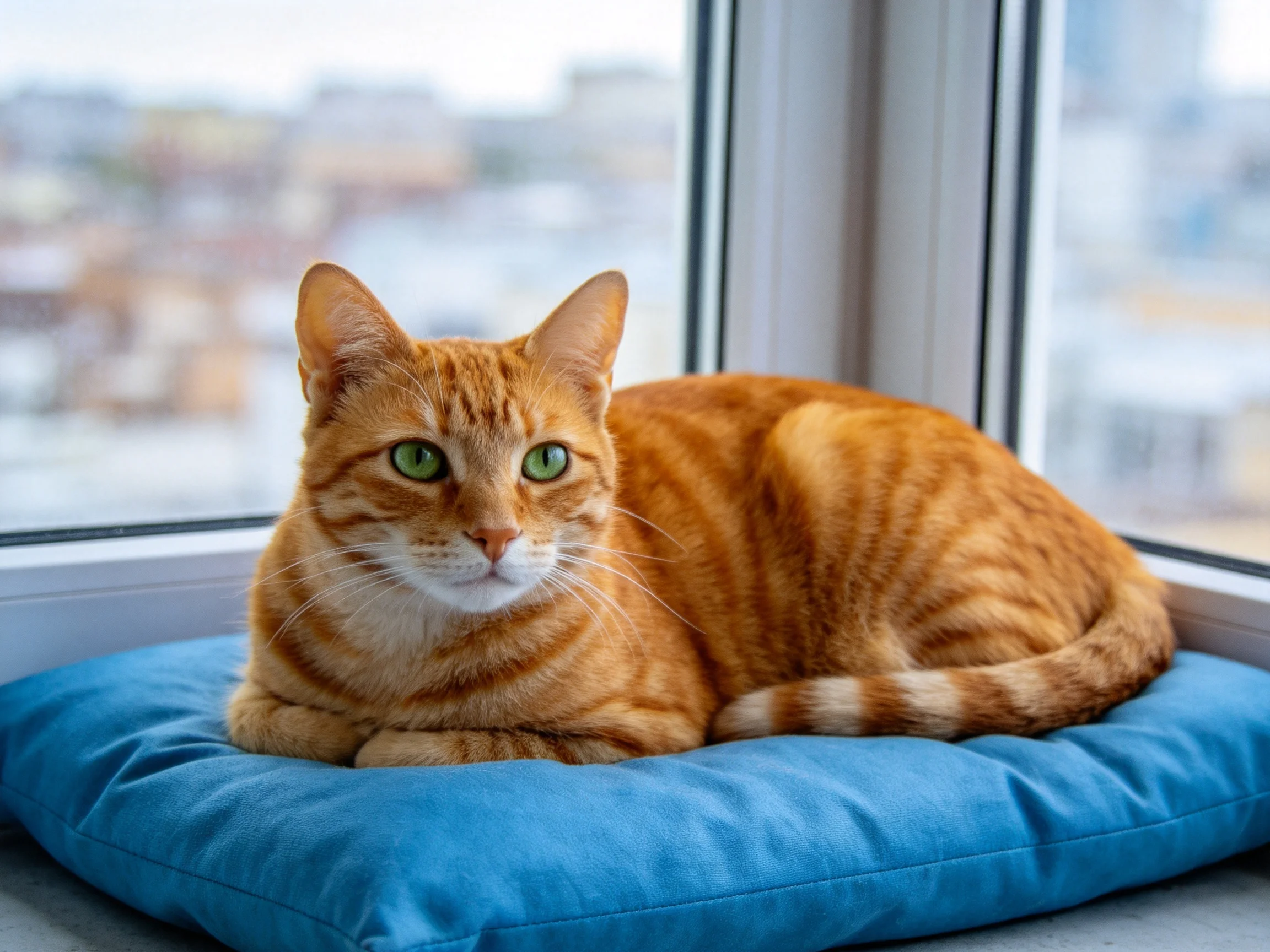 An orange tabby cat relaxes on a blue cushion beside a window with a city view.