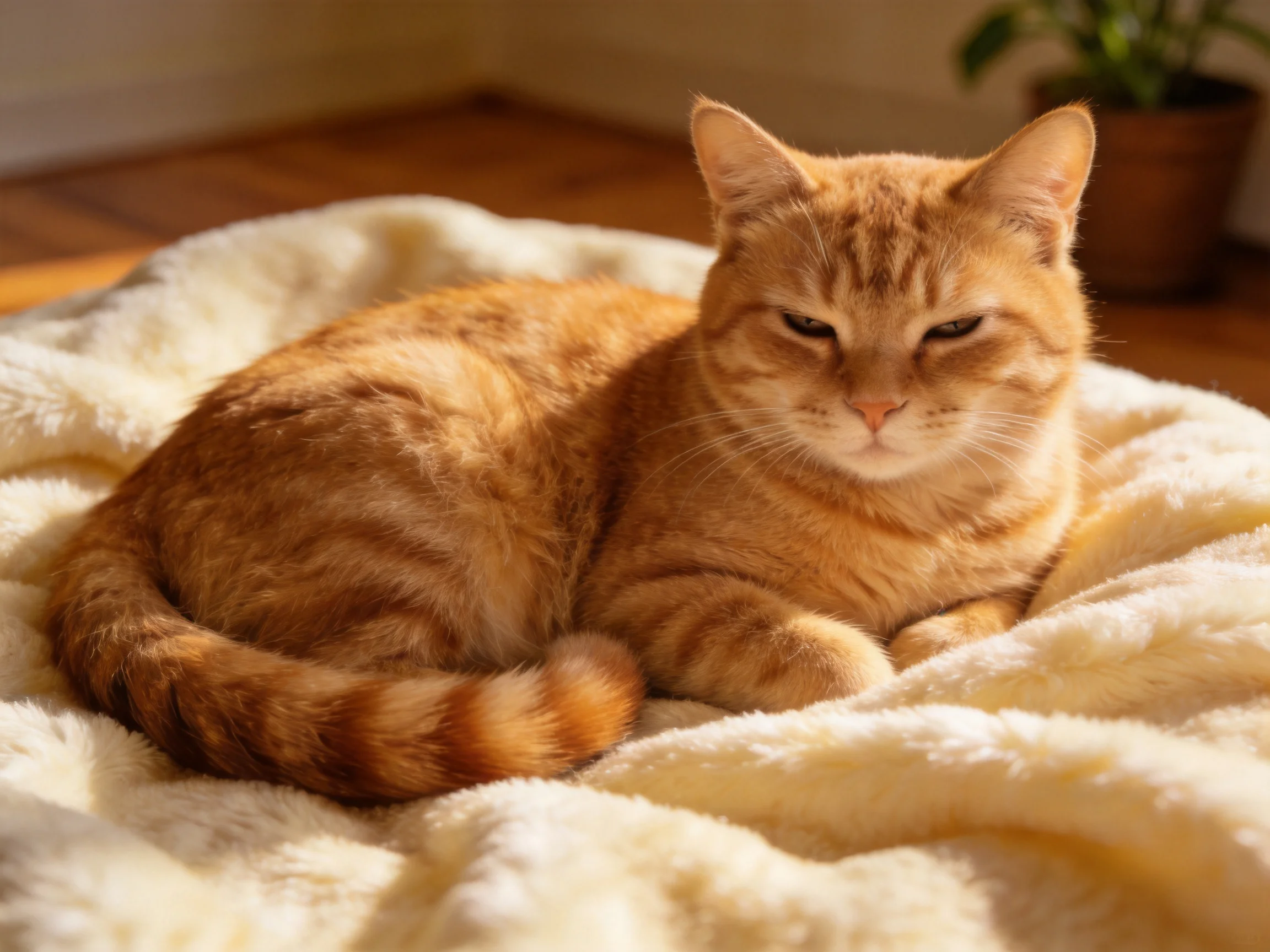 An orange tabby cat rests on a cream blanket in soft sunlight