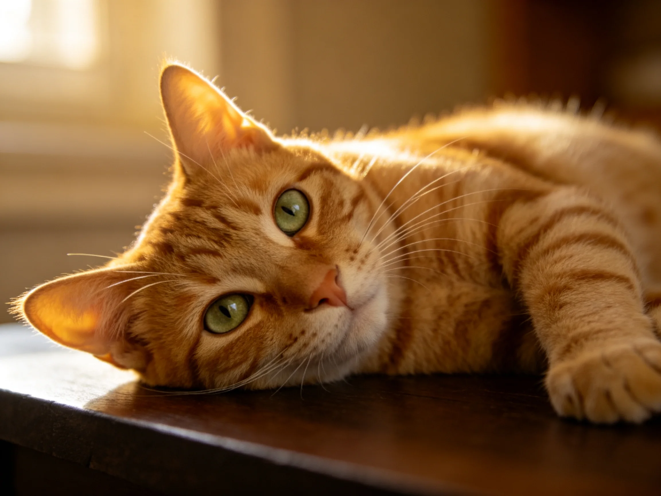 An orange tabby cat relaxes on a dark wooden surface bathed in soft natural light.