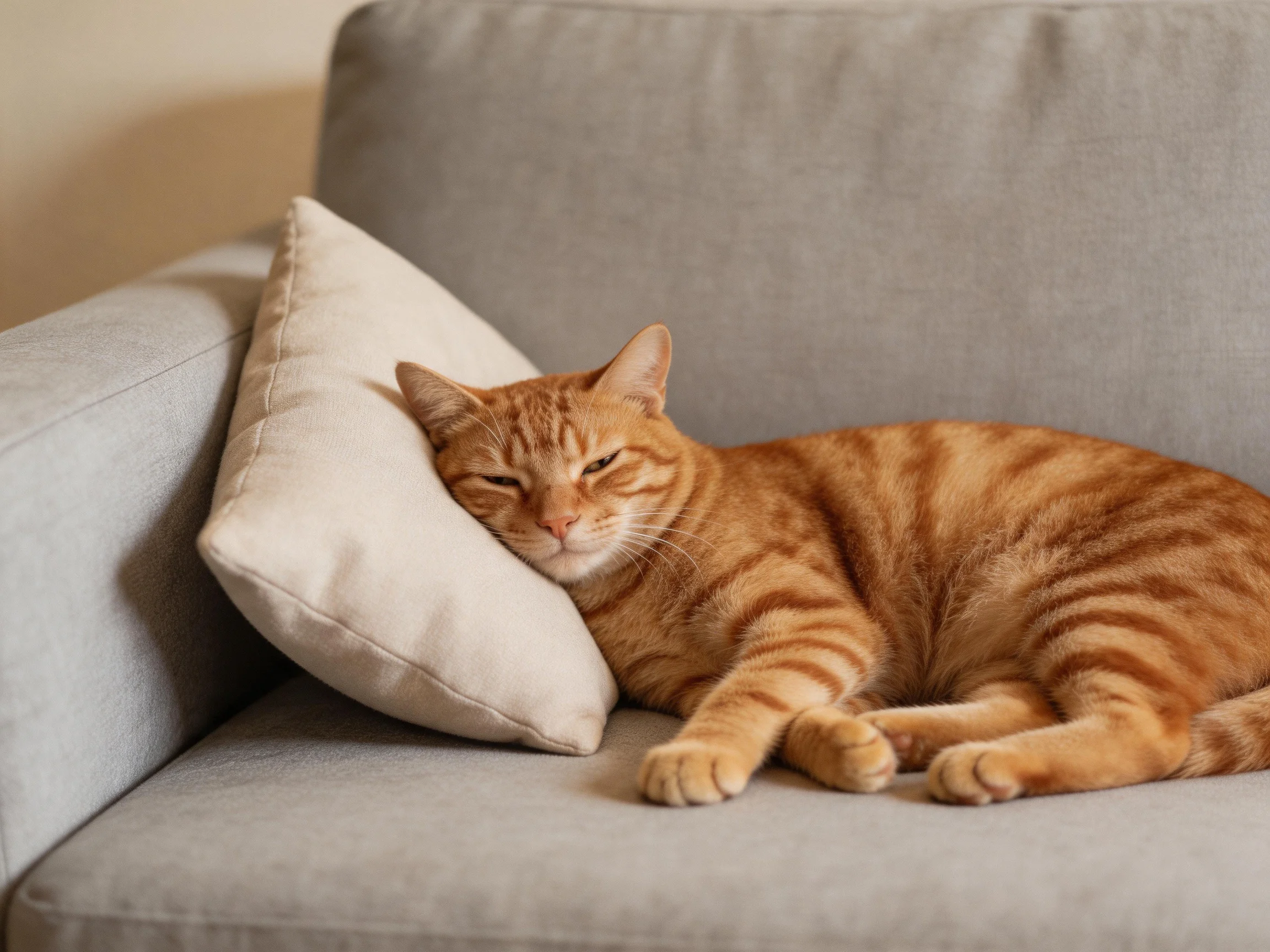 An orange tabby cat relaxes on a gray couch beside a beige pillow