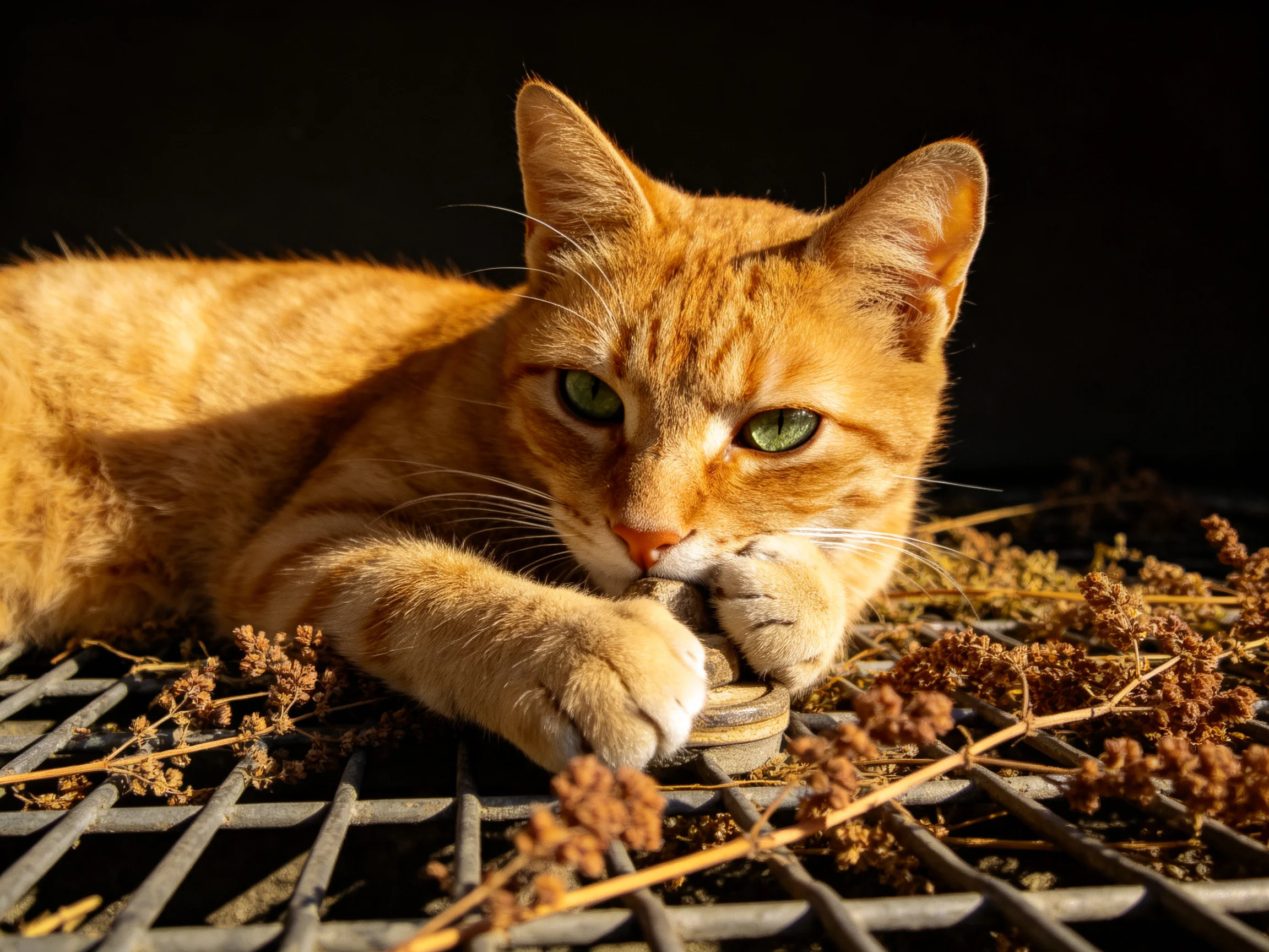 An orange tabby cat relaxes on a metal grate surrounded by dried plants.