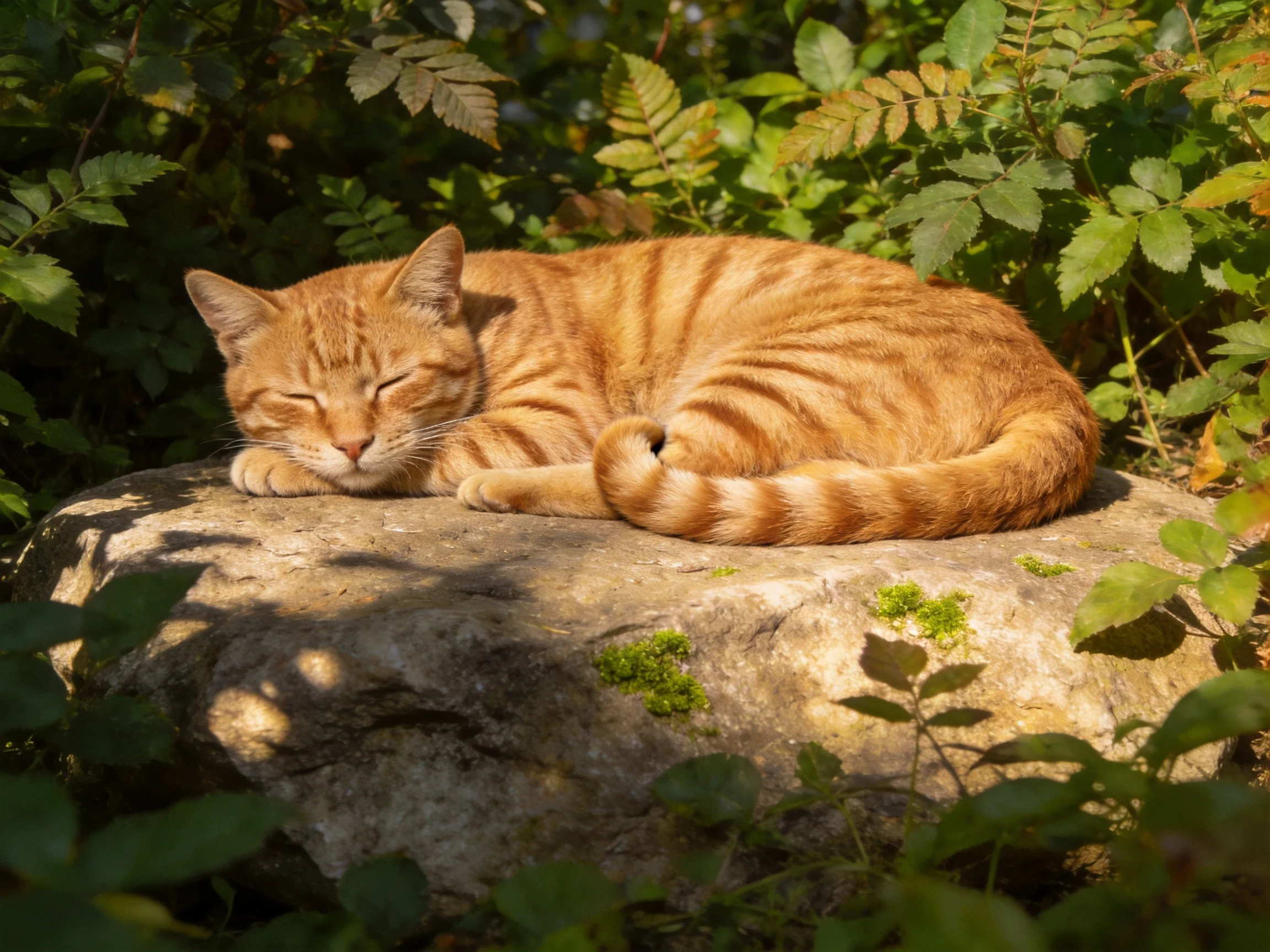 An orange tabby cat rests on a mossy rock amid lush green foliage