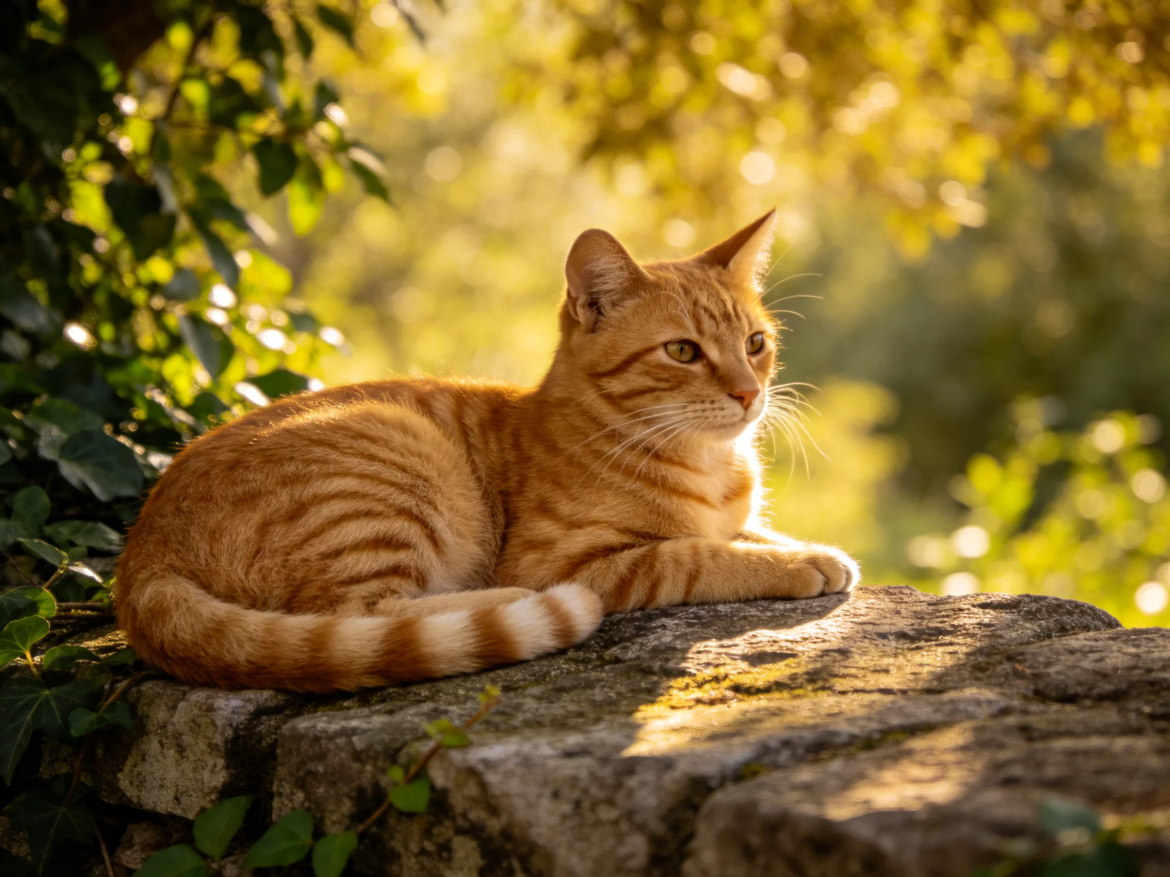 An orange tabby cat relaxes on a stone structure surrounded by sunlit greenery.