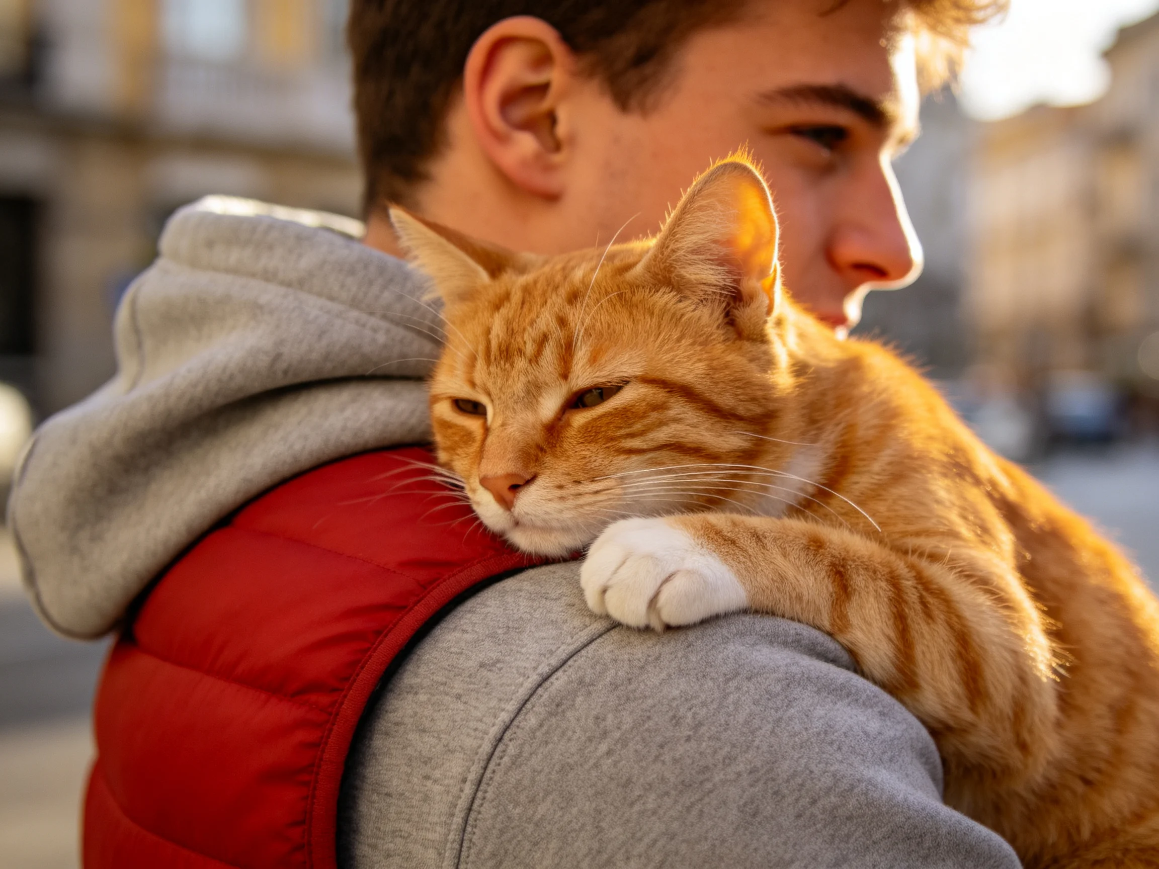 An orange tabby cat relaxes on a person’s shoulder outdoors.