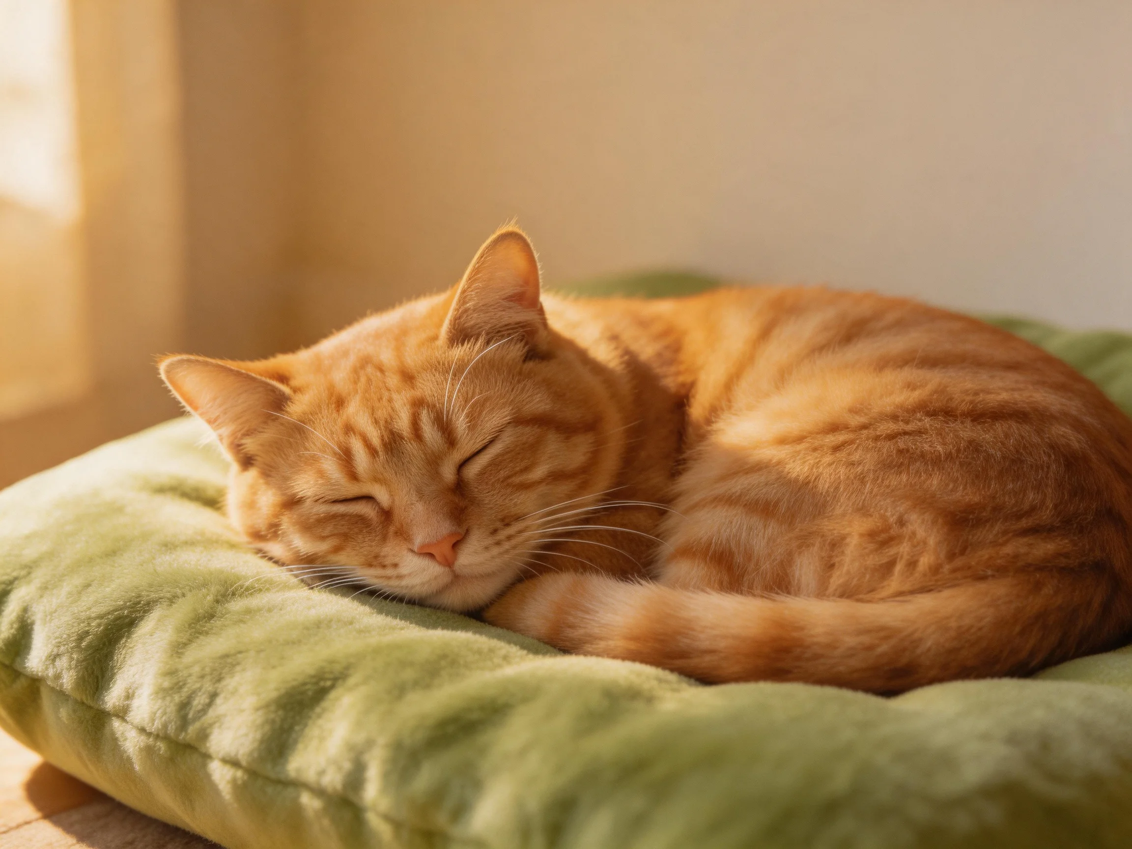 An orange tabby cat naps on a plush green cushion in a sunlit area.