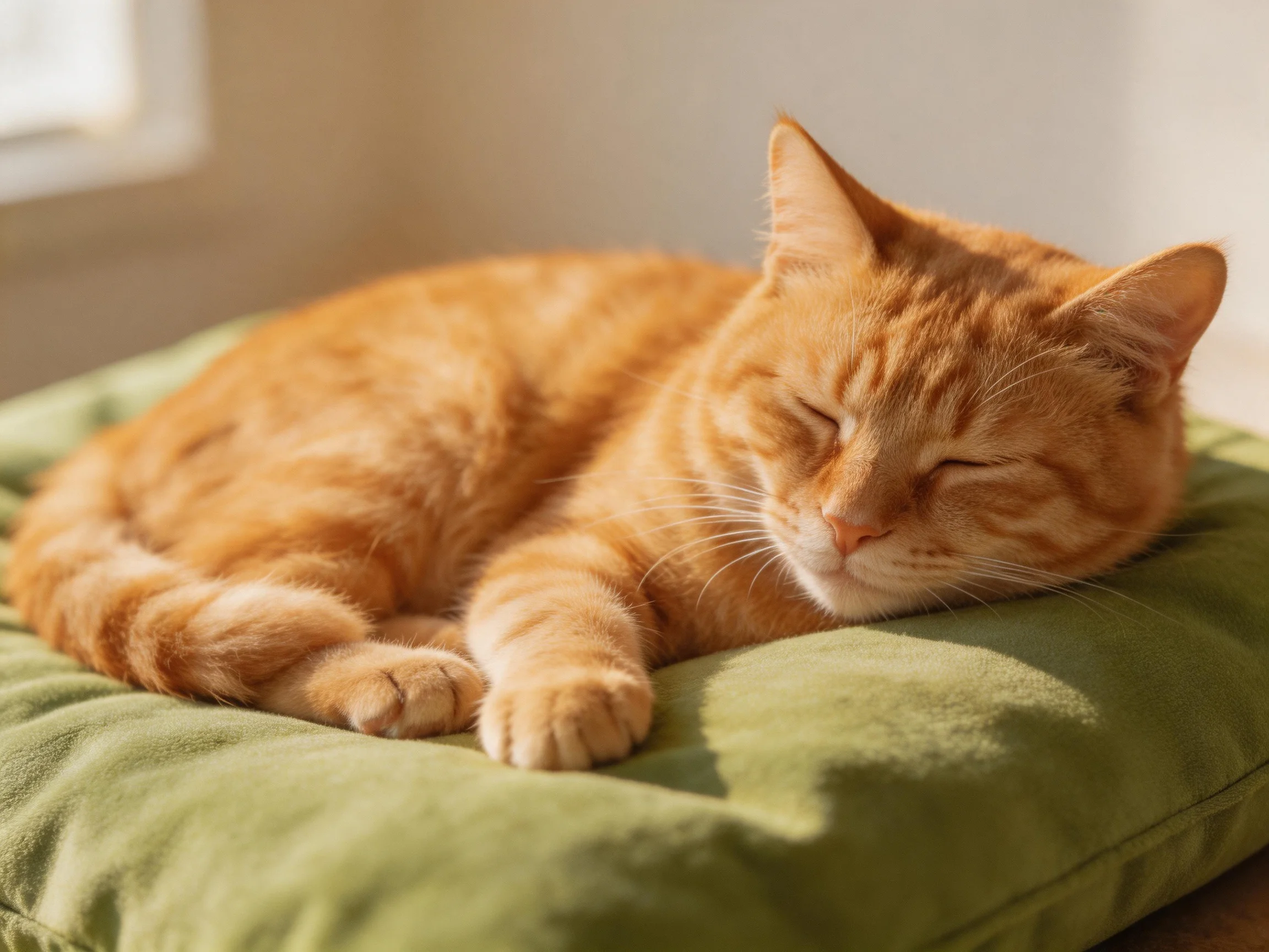 A single orange tabby cat relaxes on a green cushion in a sunlit area.