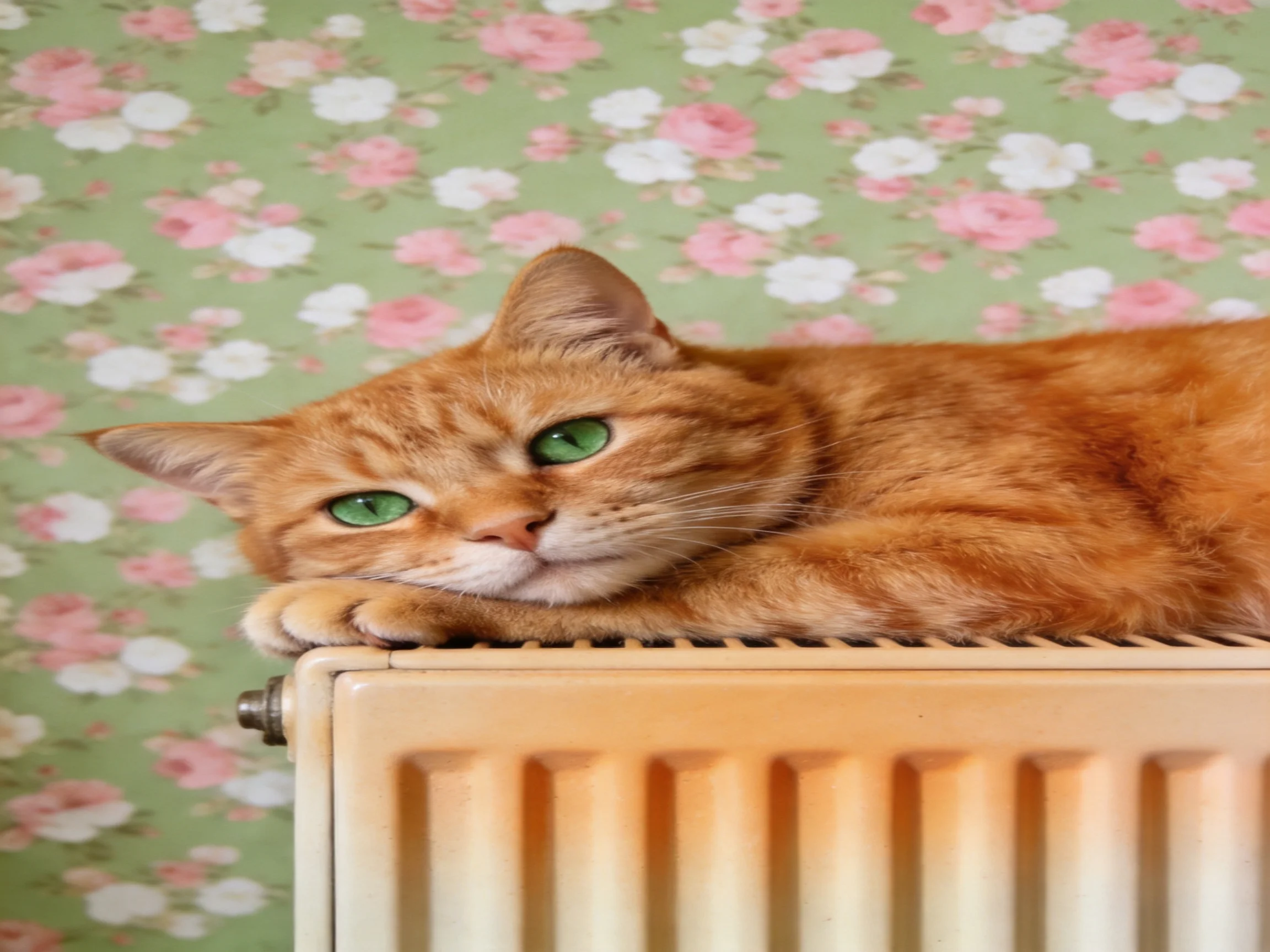 An orange tabby cat relaxes on a radiator beside floral wallpaper