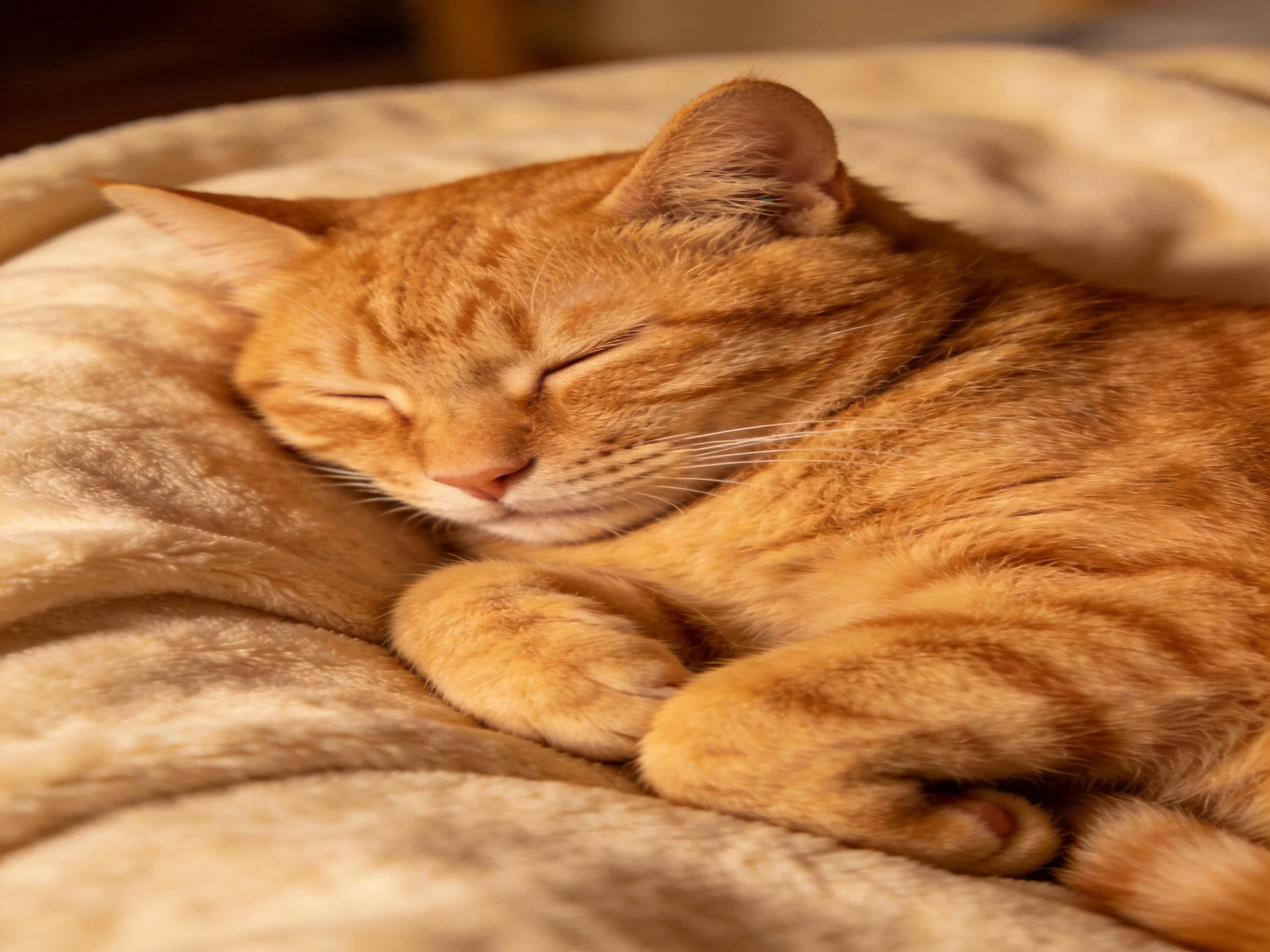 An orange tabby cat sleeps on a soft beige blanket.