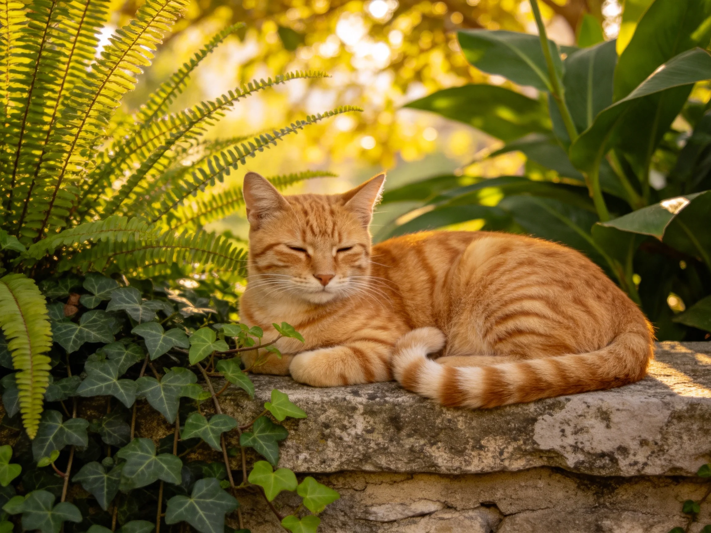 An orange tabby cat rests on a weathered stone wall amid lush greenery