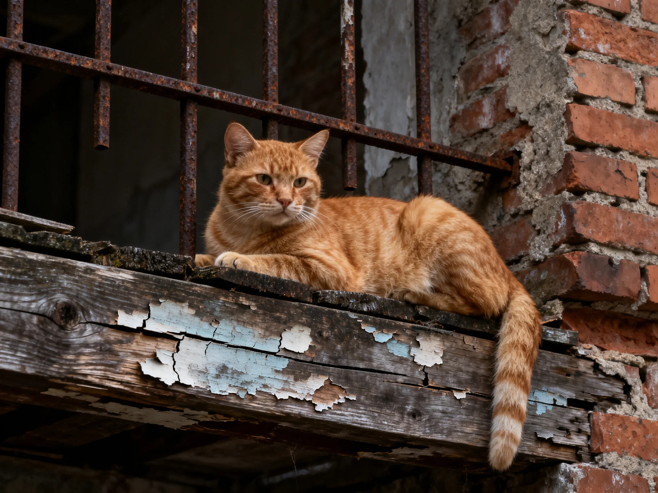 An orange tabby cat rests on a weathered wooden ledge by a brick wall