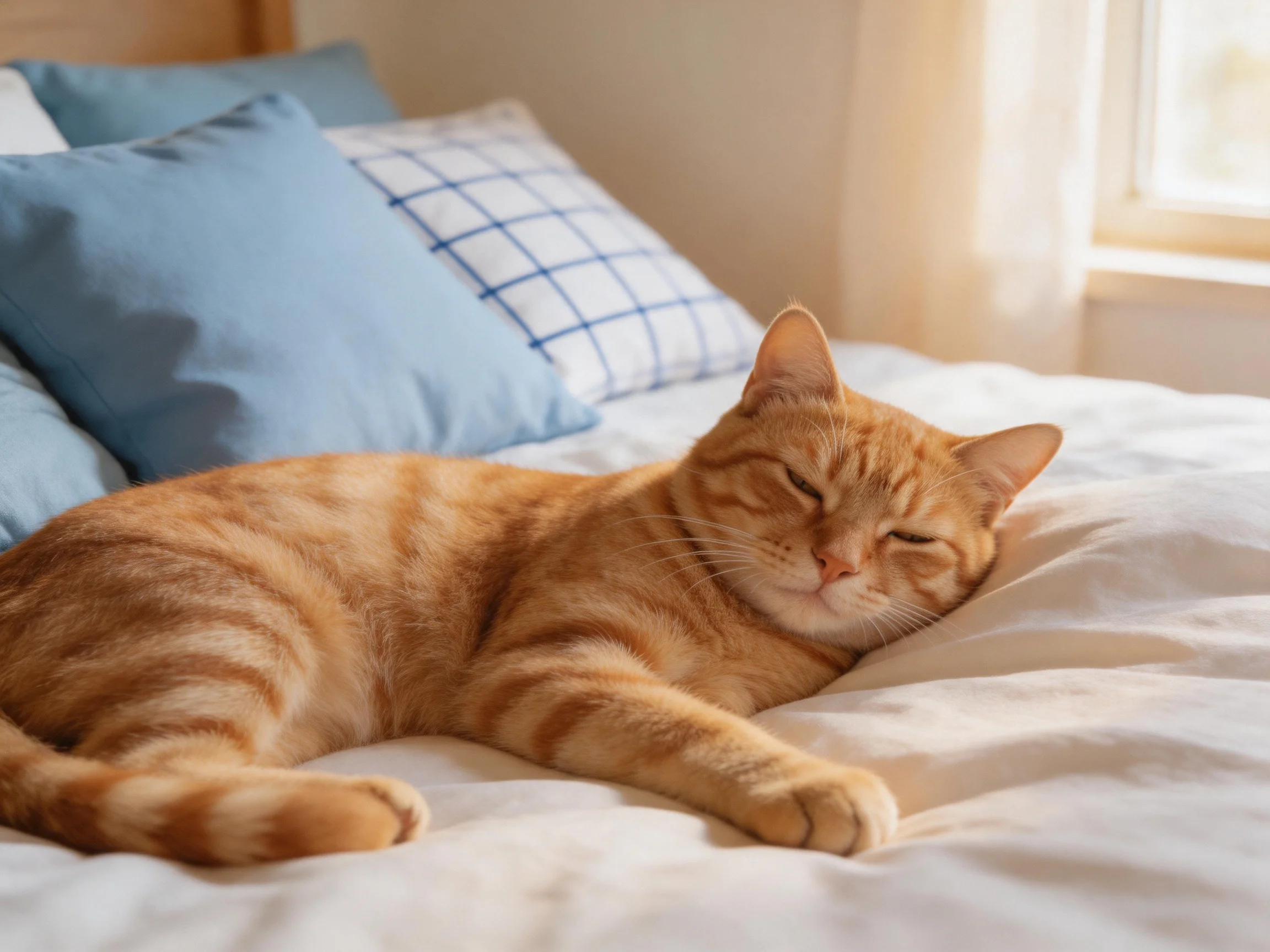 An orange tabby cat sleeps on a white bed with blue pillows
