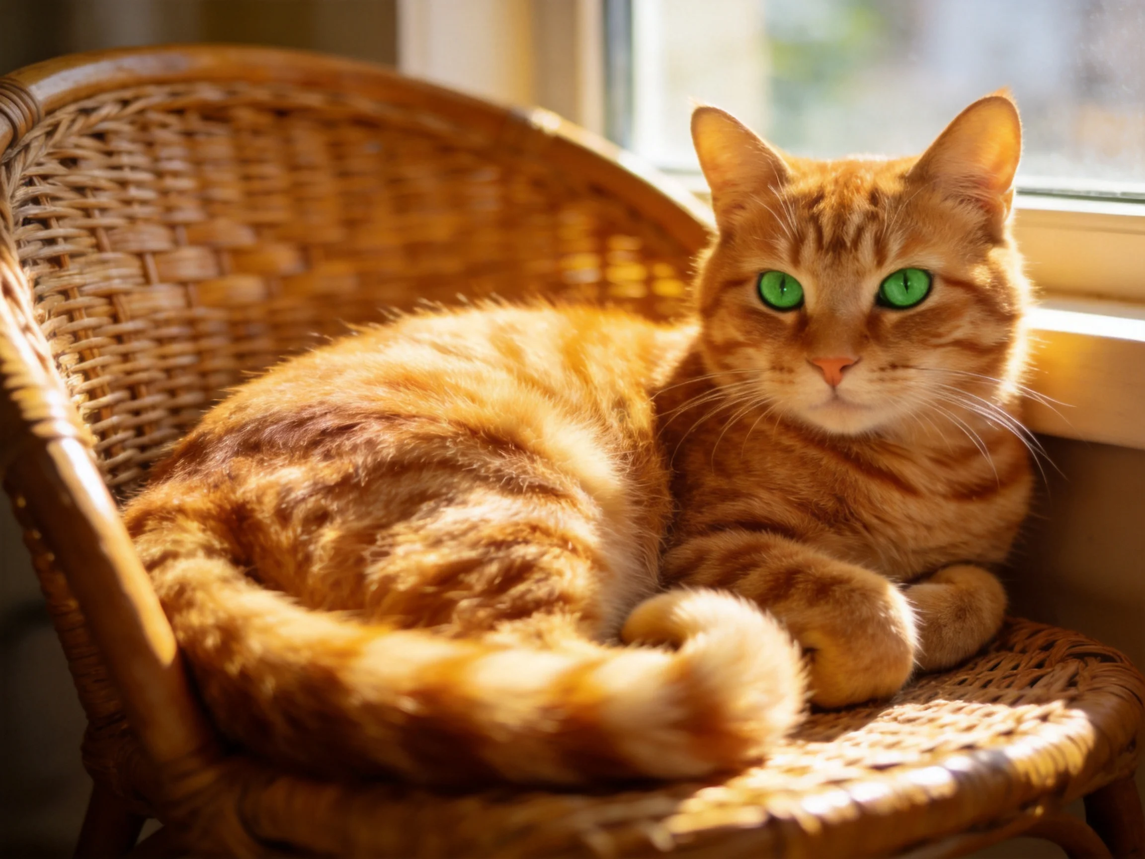 An orange tabby cat relaxes on a wicker chair near a sunlit window.