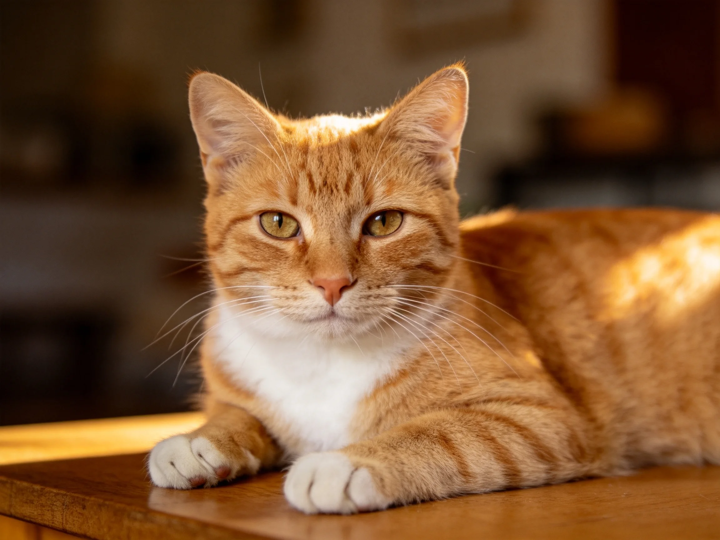 A single orange tabby cat lies calmly on a wooden surface in a warmly lit area.