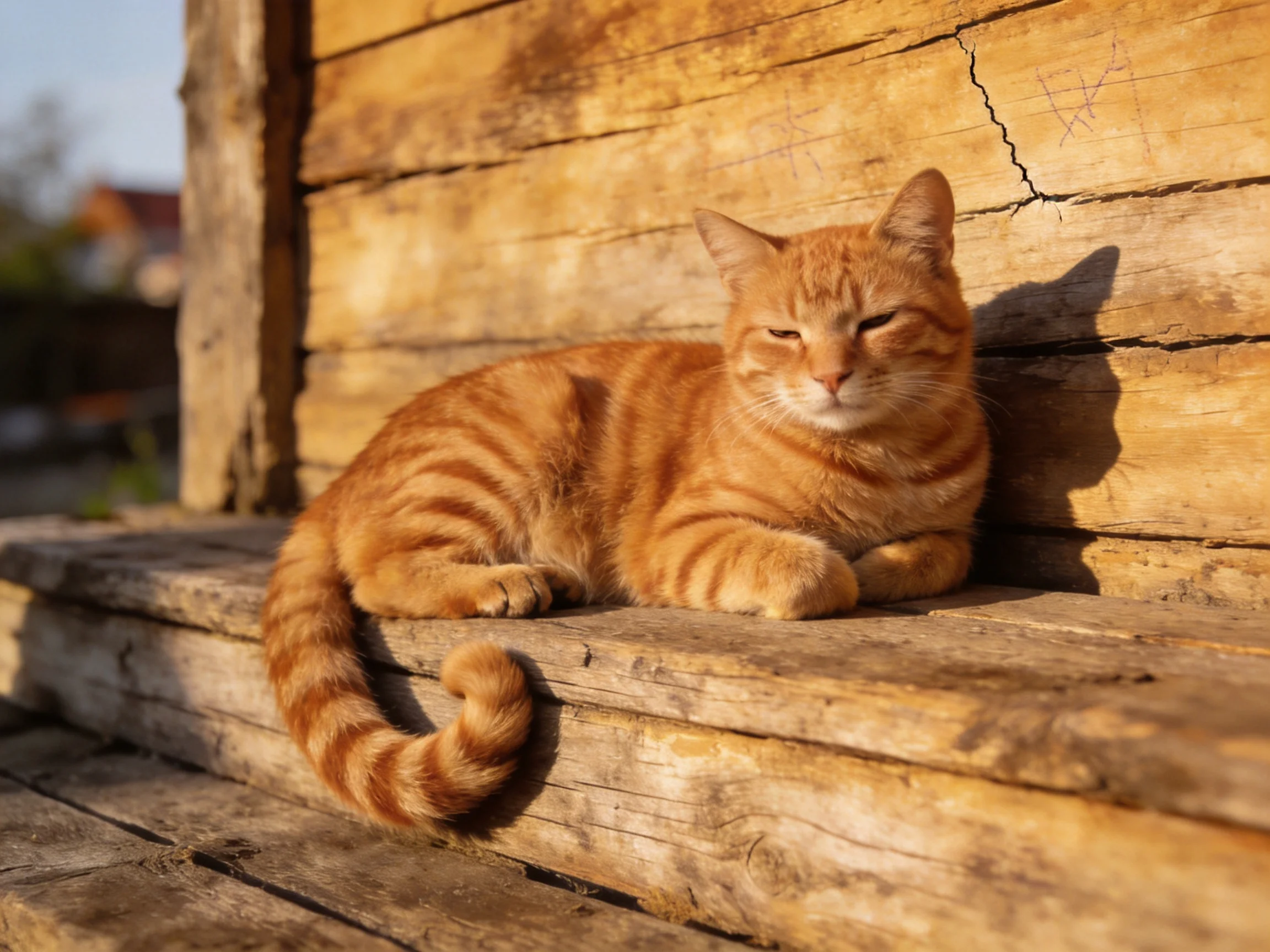 An orange tabby cat relaxes on weathered wooden steps beside a rustic log wall.