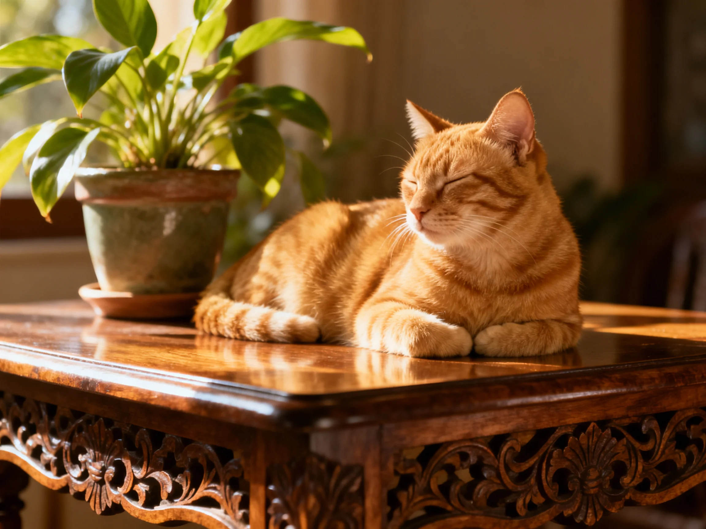 An orange tabby cat rests on an ornate wooden table beside a green potted plant