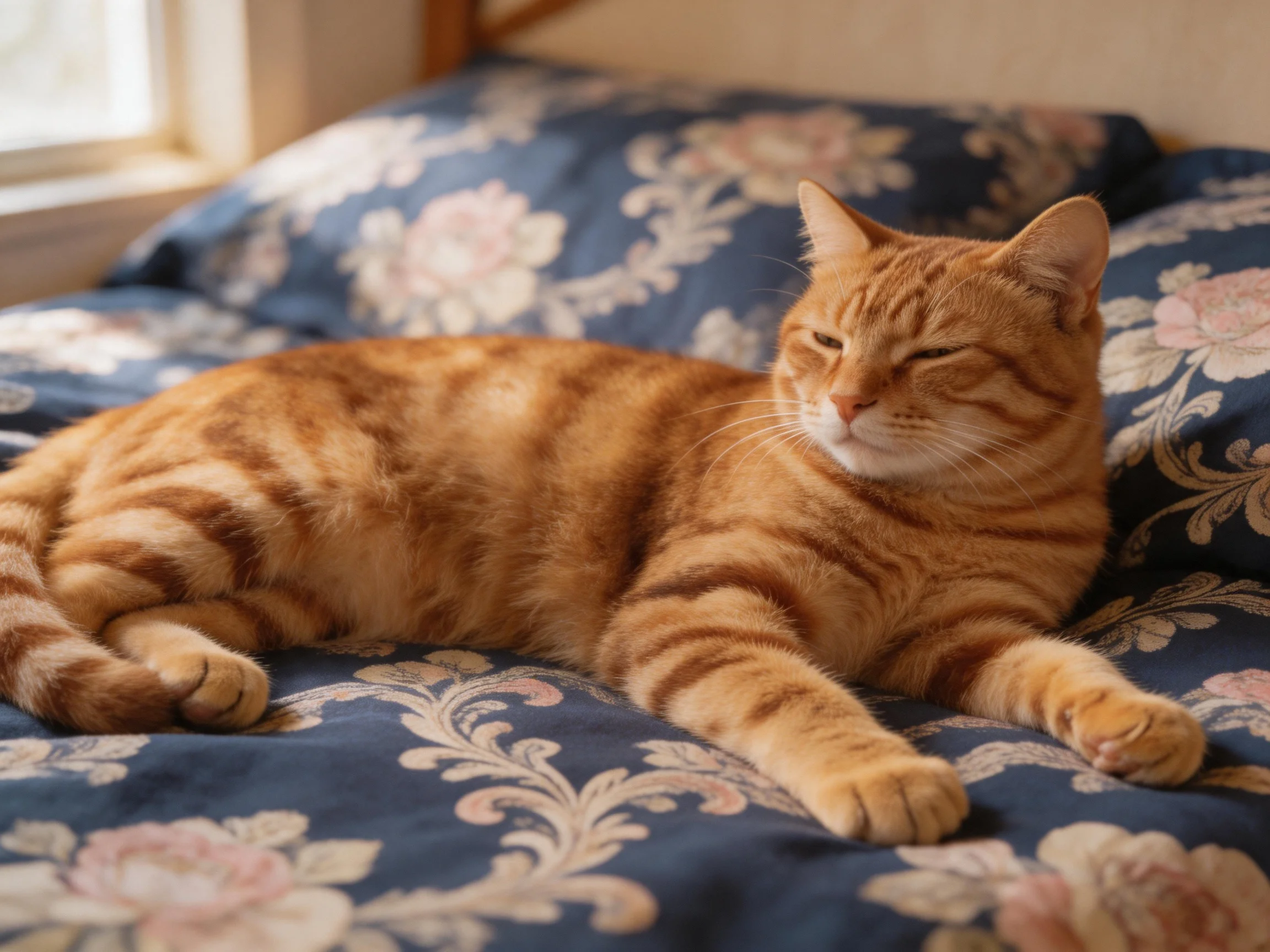 An orange tabby cat relaxes on blue floral bedding.