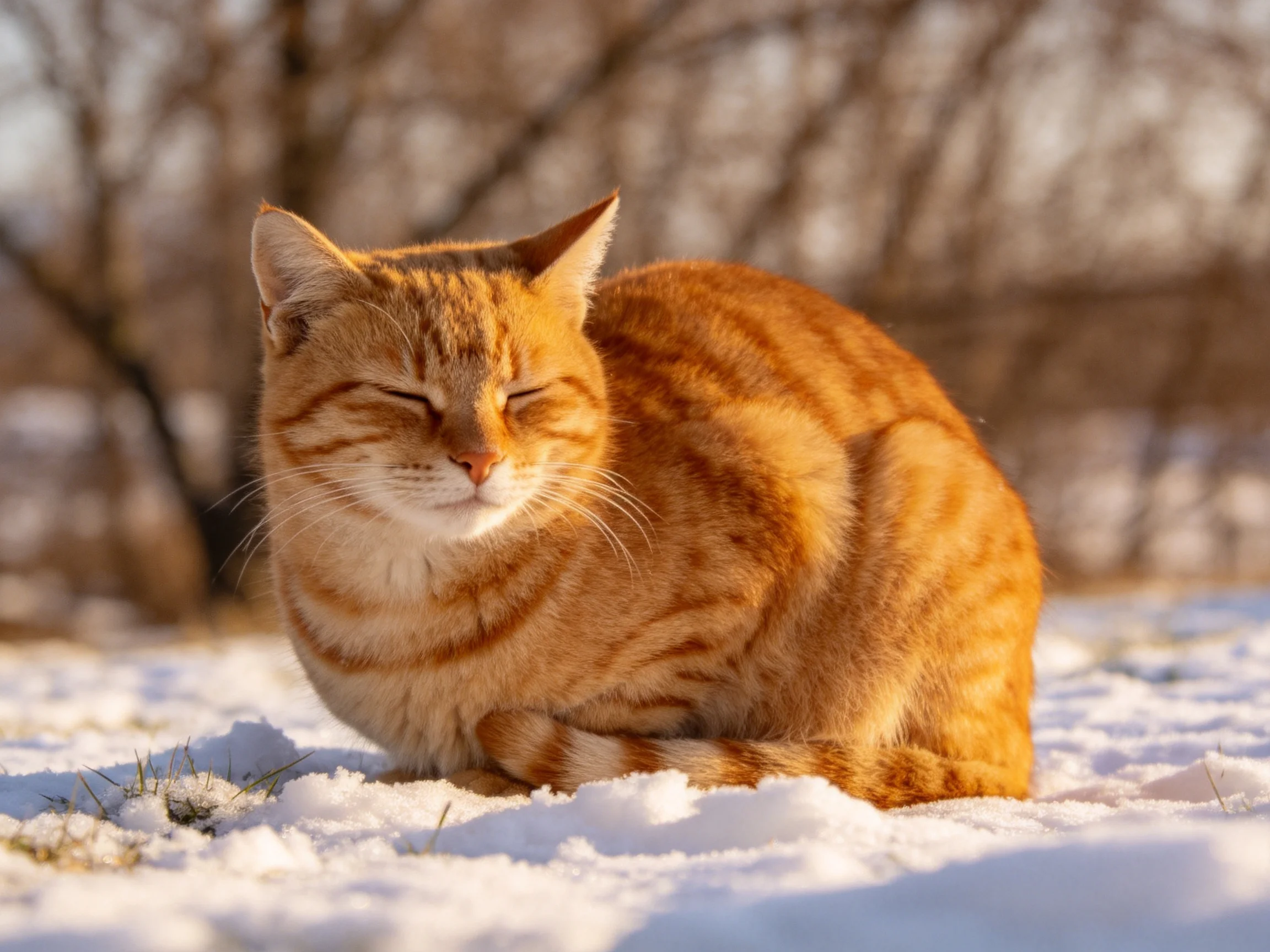 An orange tabby cat relaxes on snow in a wintry environment