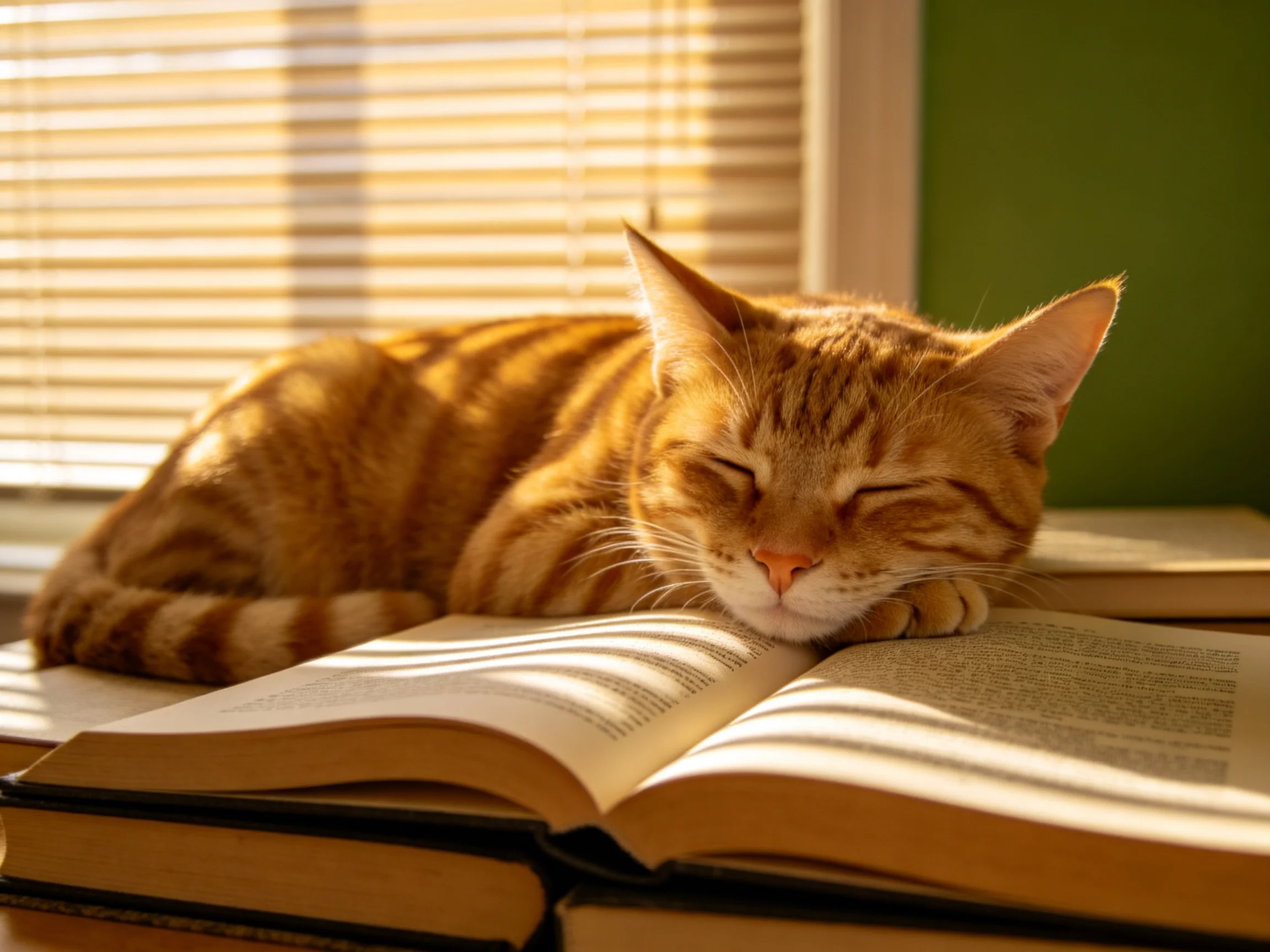 An orange tabby cat sleeps on books beside sunlit window blinds.