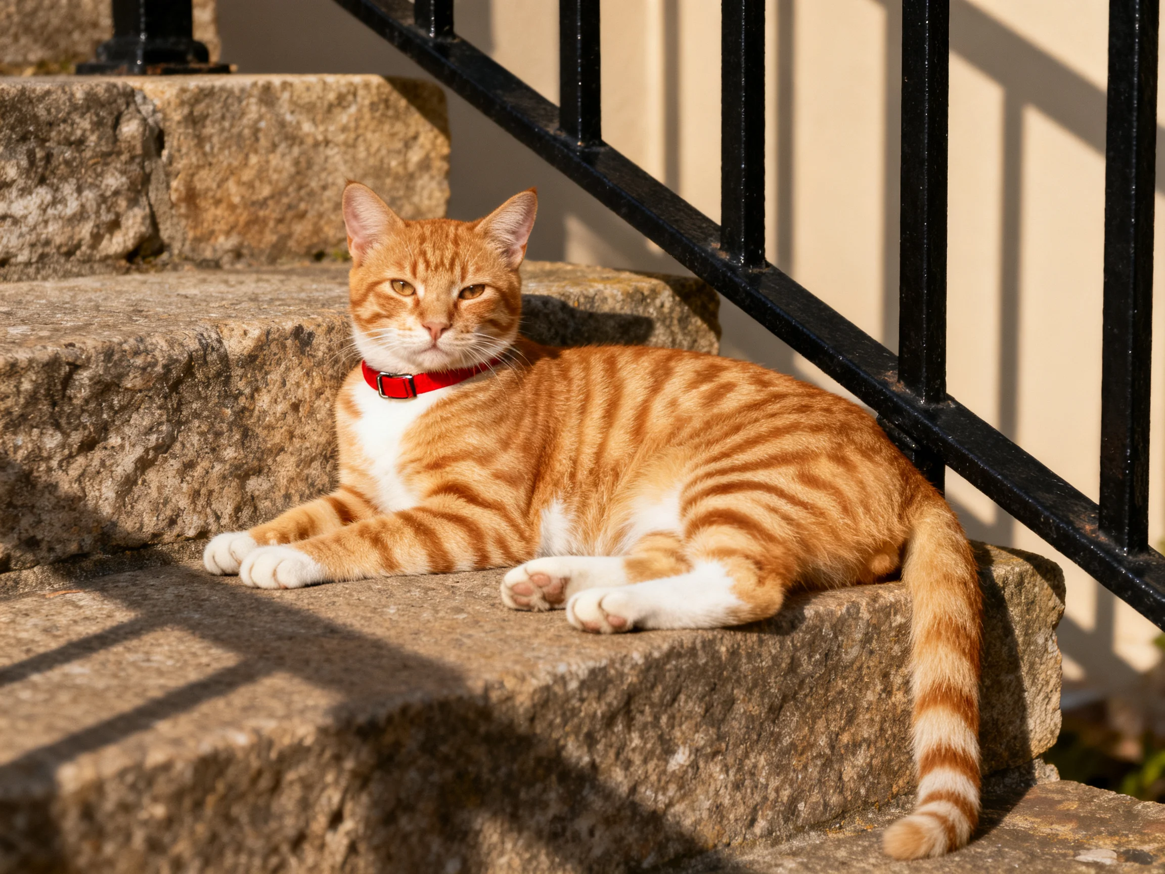 An orange tabby cat relaxes on stone steps beside a black railing.