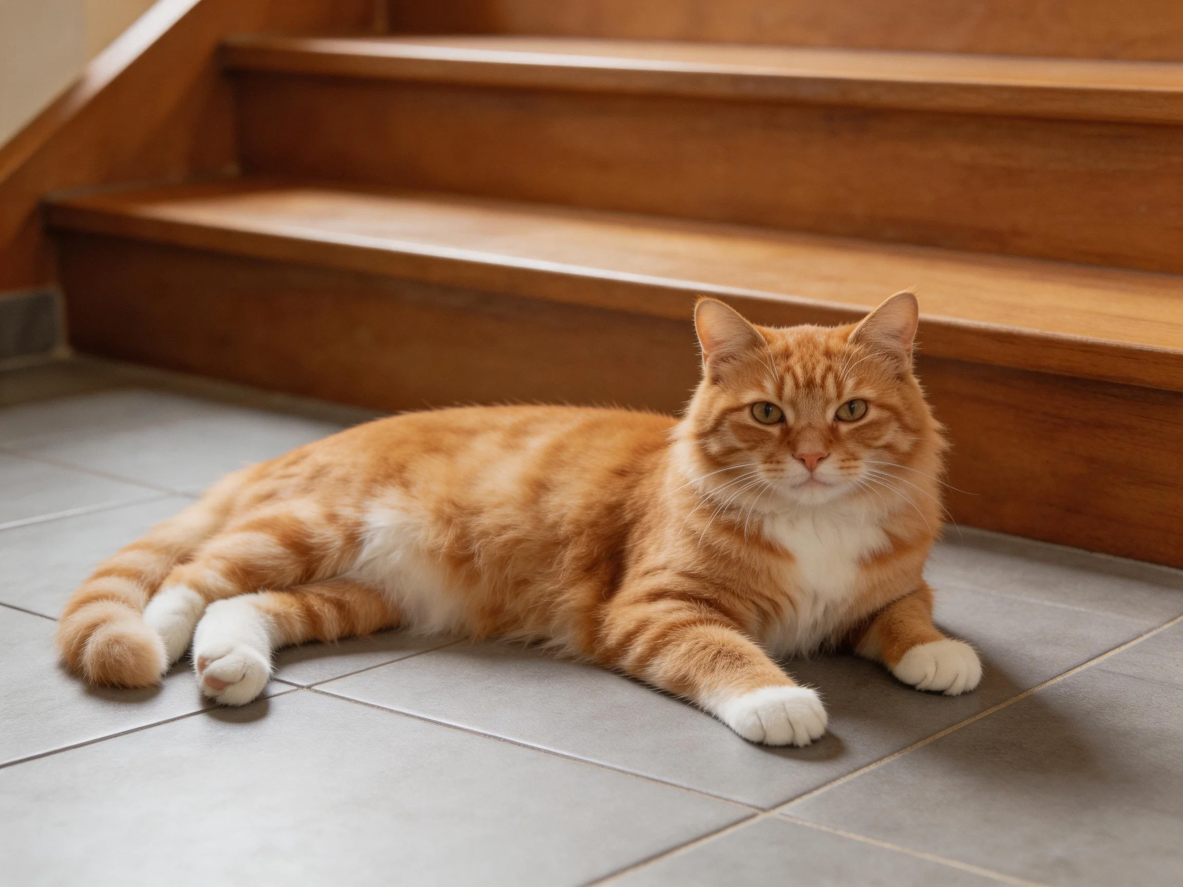 An orange tabby cat rests on tiled flooring beside wooden stairs