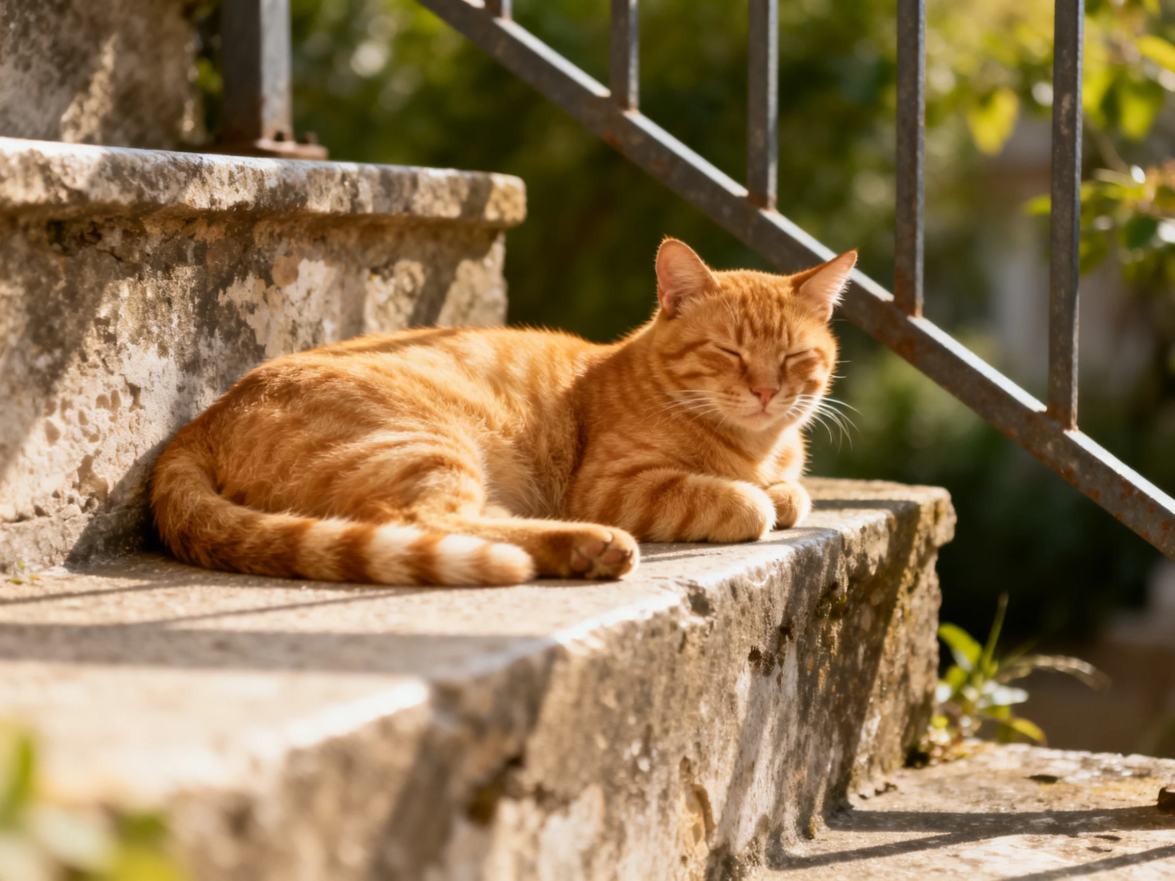 An orange tabby cat rests on weathered stone steps near a metal railing