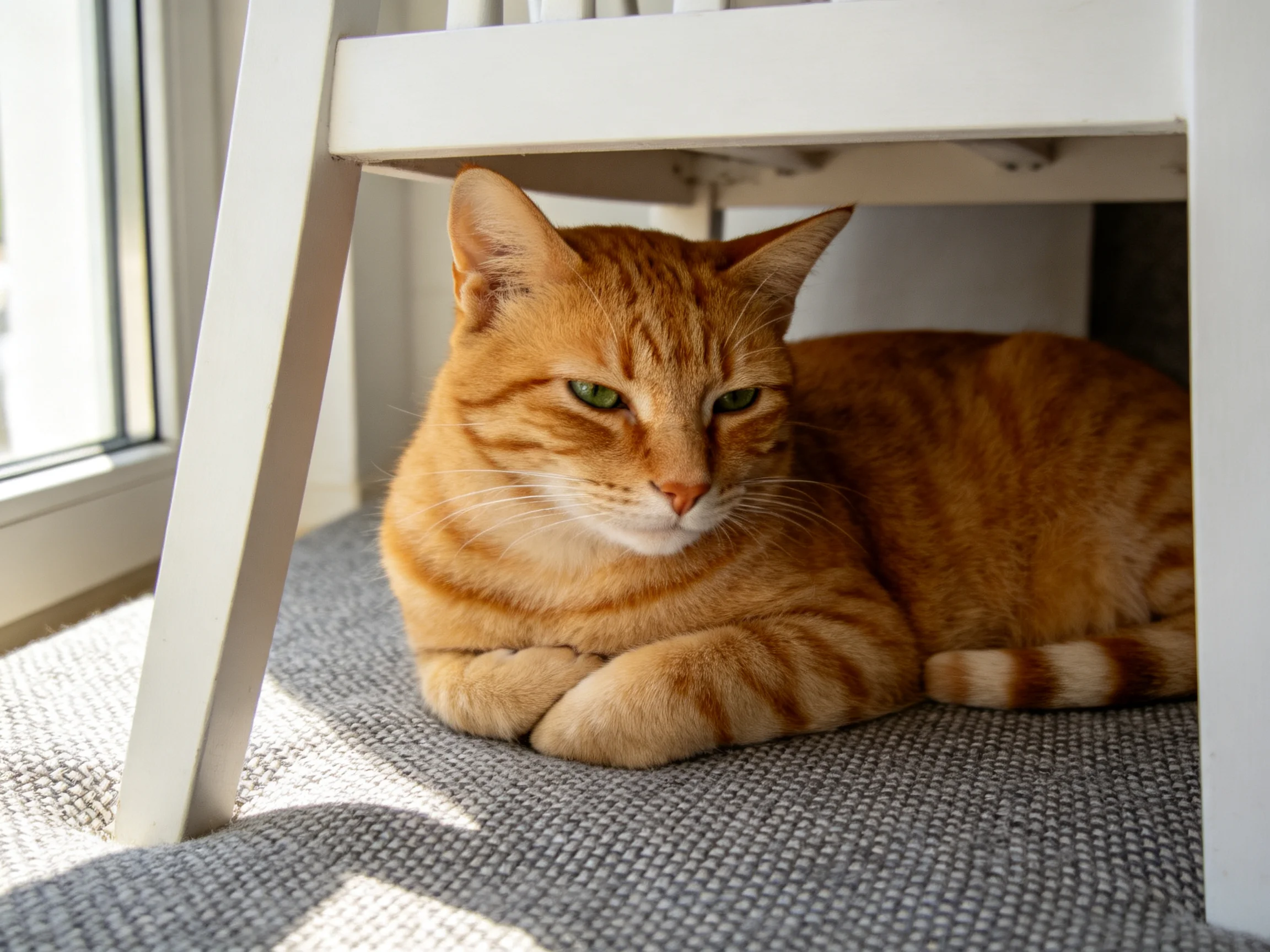 An orange tabby cat relaxes under a white structure near a window