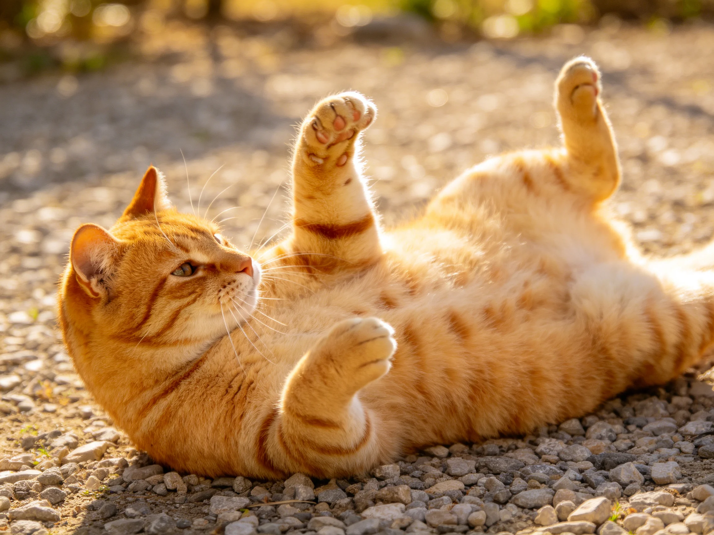An orange tabby cat rolls on sunlit gravel near greenery