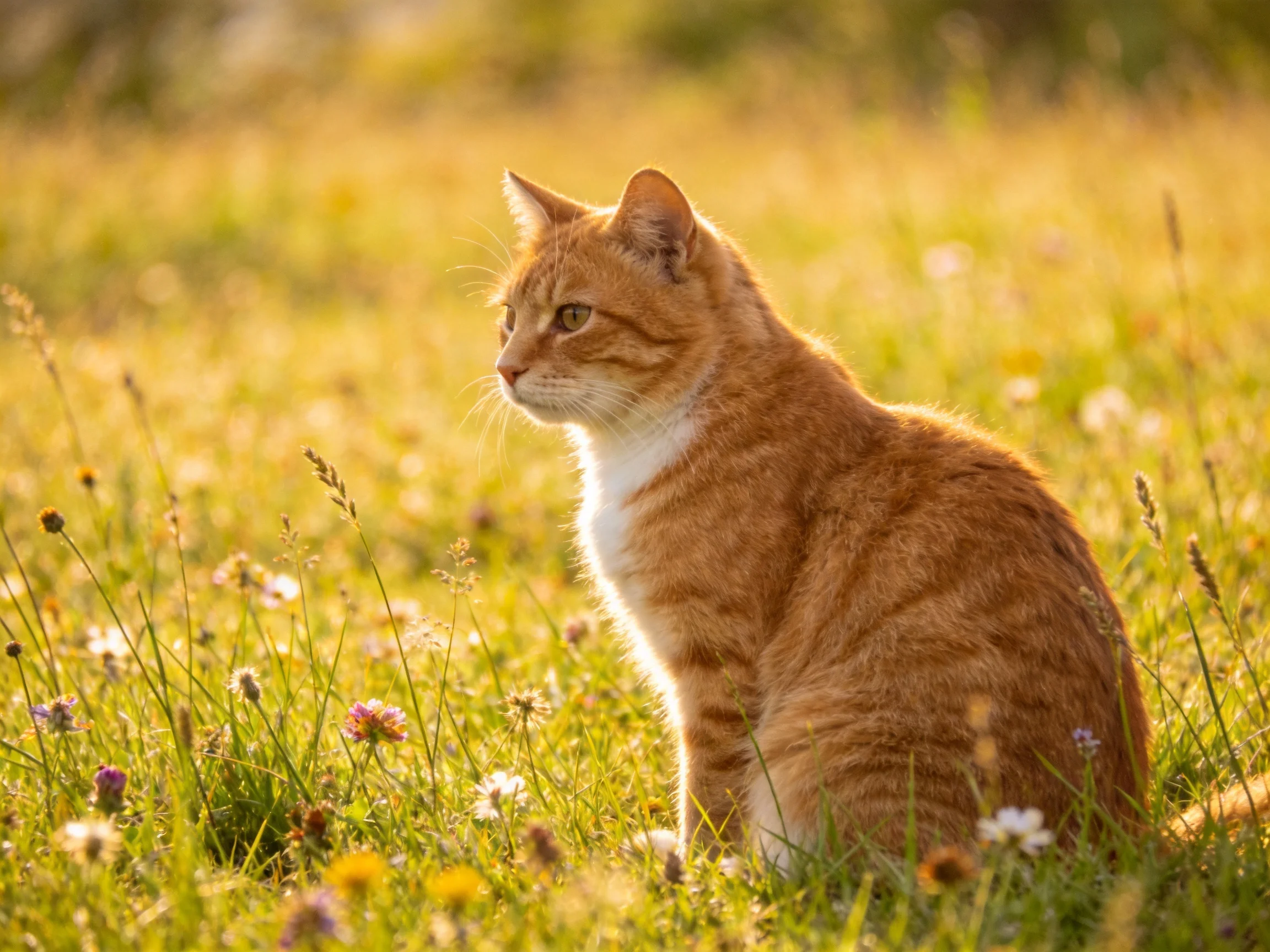 An orange tabby cat rests in a sun-drenched field of wildflowers.