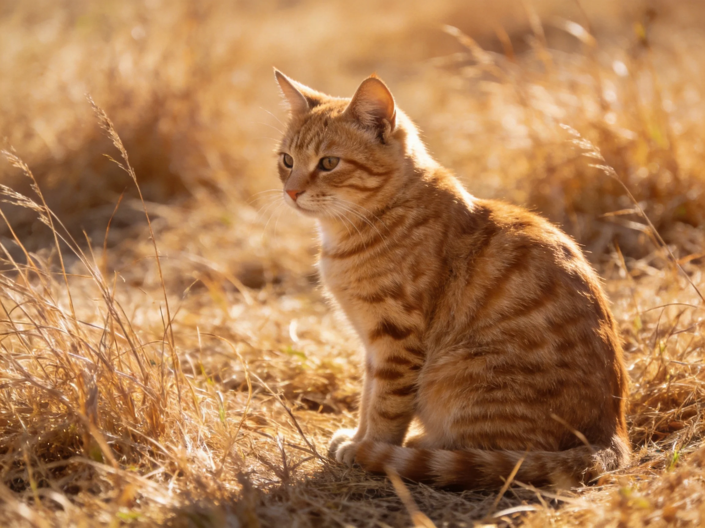 An orange tabby cat sits calmly among golden grasses in a sunlit area.