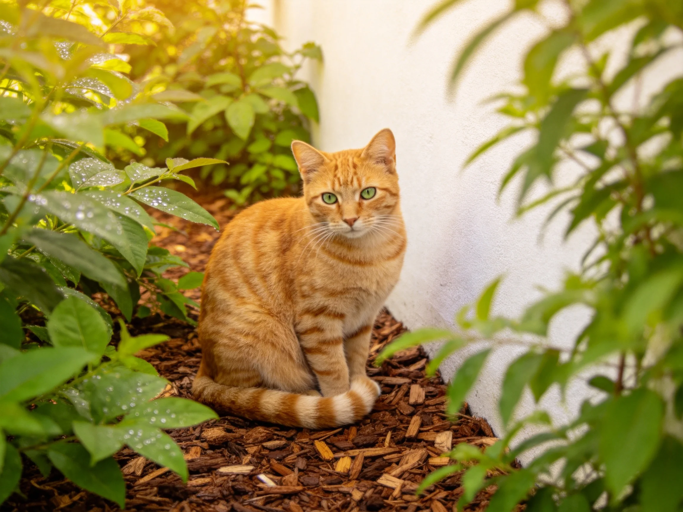 An orange tabby cat sits amid greenery near a white wall