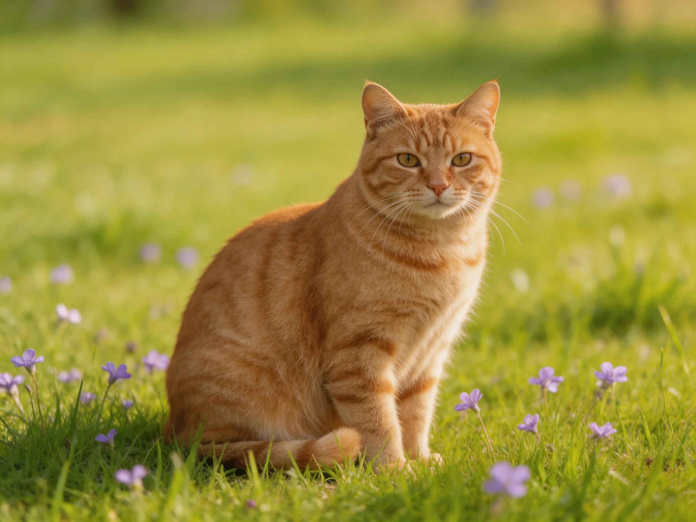 An orange tabby cat rests in a sunlit meadow dotted with purple blooms.