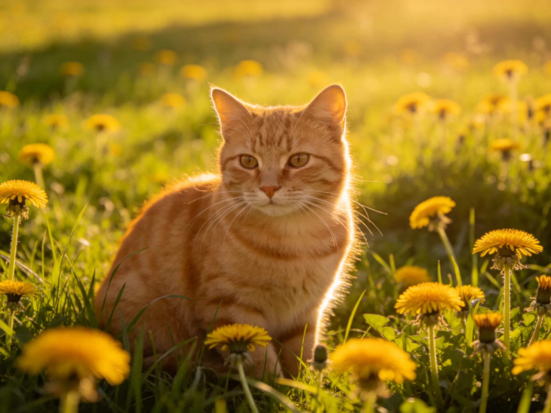 An orange tabby cat rests among yellow dandelions in a sunlit field.