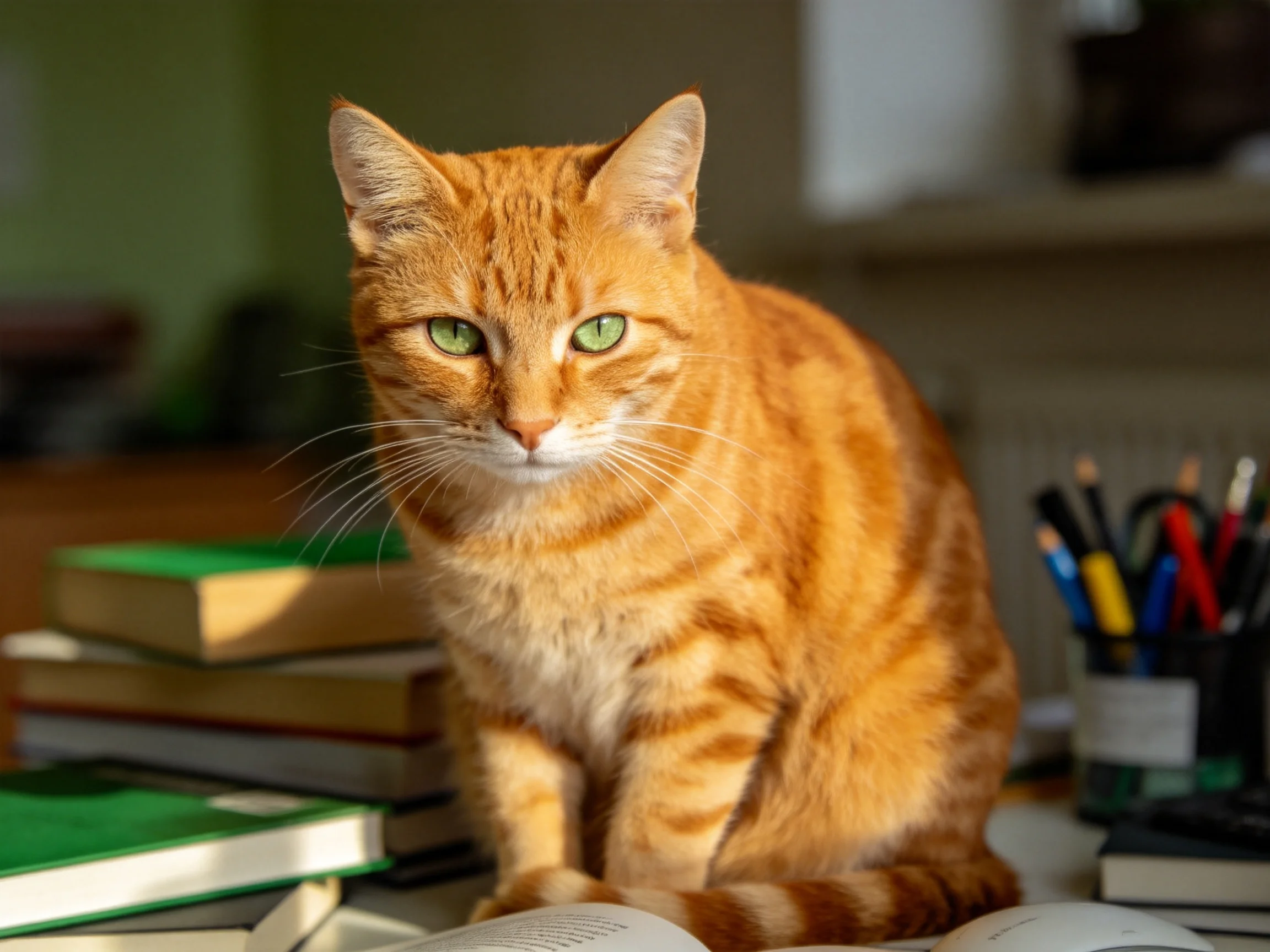 An orange tabby cat rests near stacked books and writing supplies.