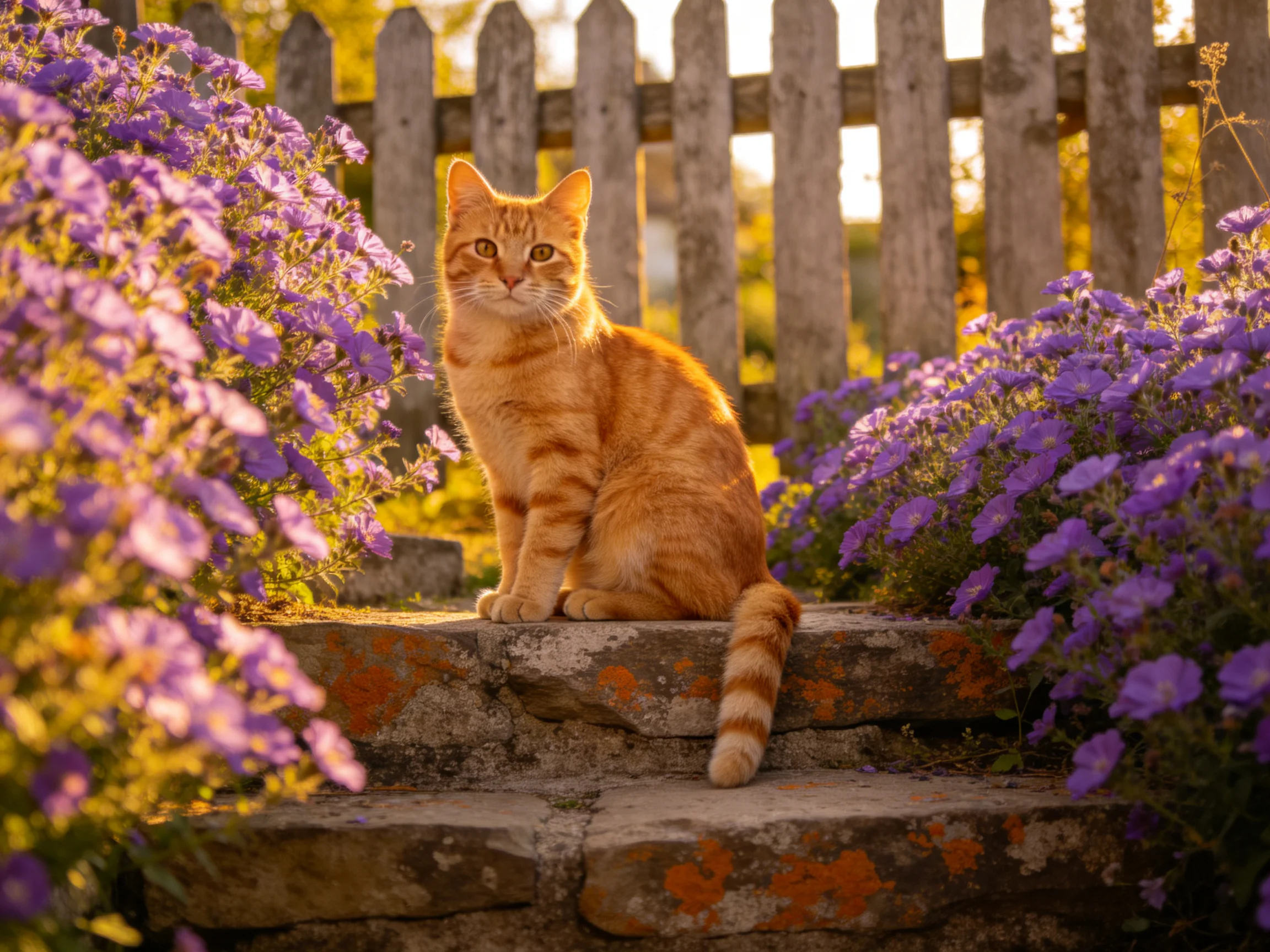 An orange tabby cat relaxes on stone steps surrounded by purple flowers in a sunny garden.