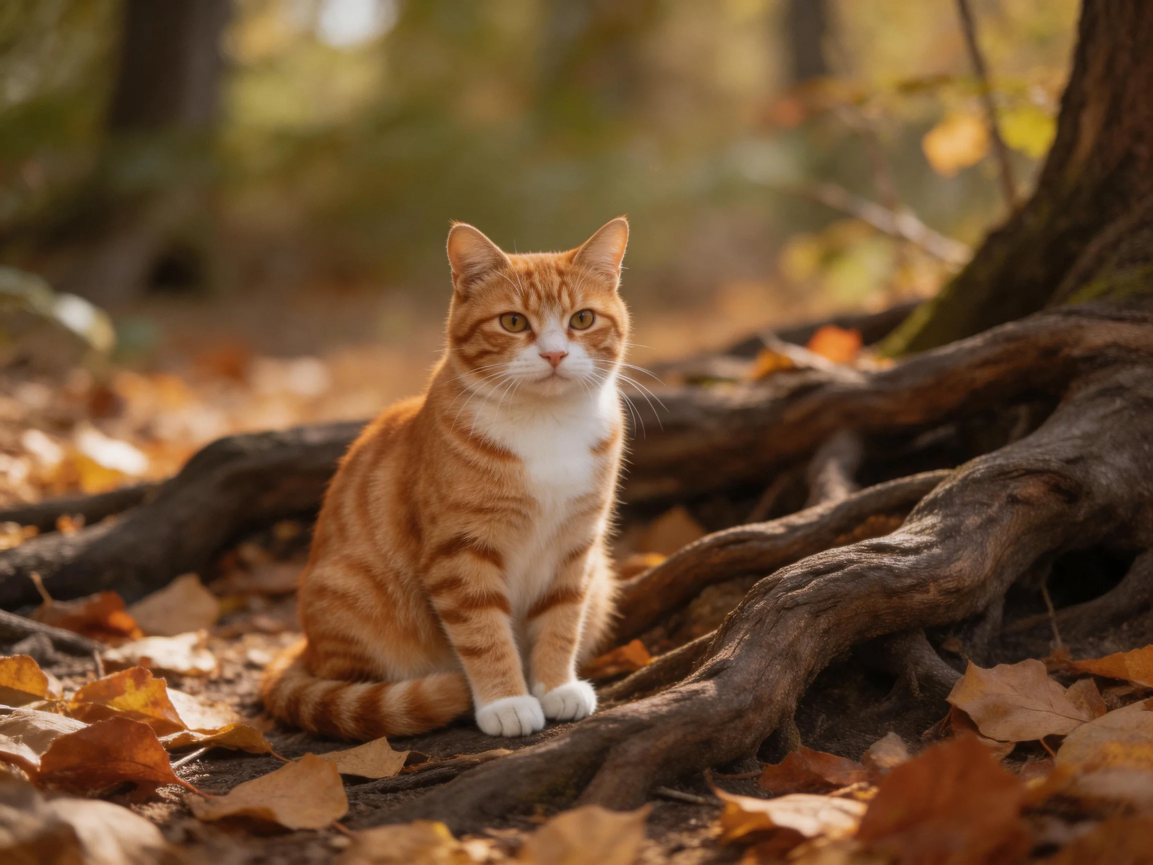 An orange tabby cat rests amid twisted tree roots and autumn foliage.