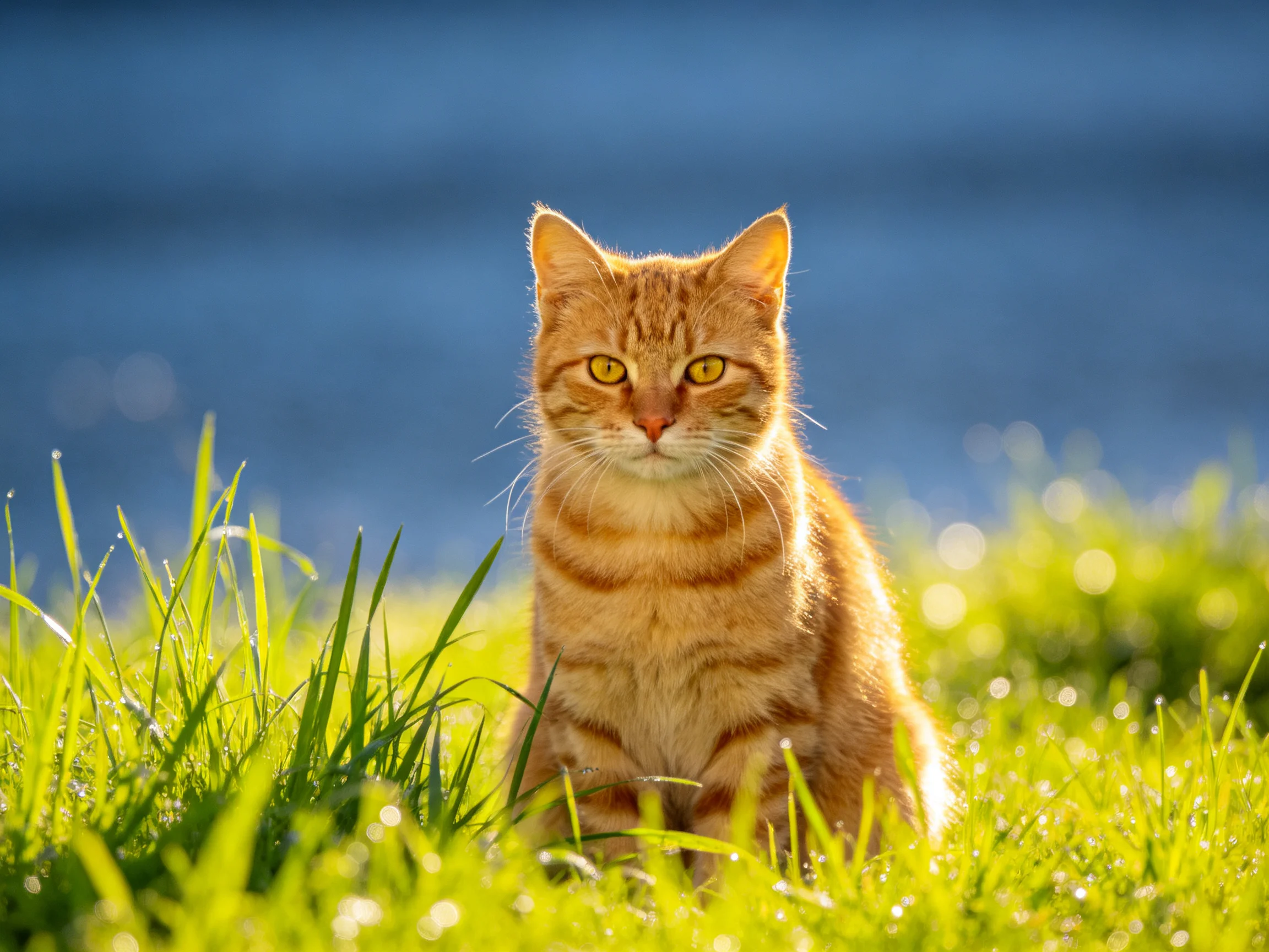 An orange tabby cat rests in a sunlit meadow with green grass